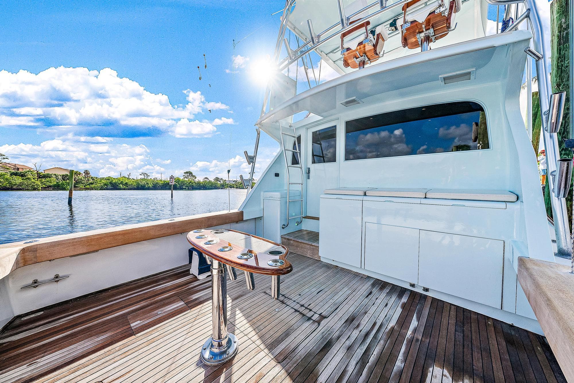 1990 Monterey Custom Sportfish yacht with wooden deck and scenic water view.