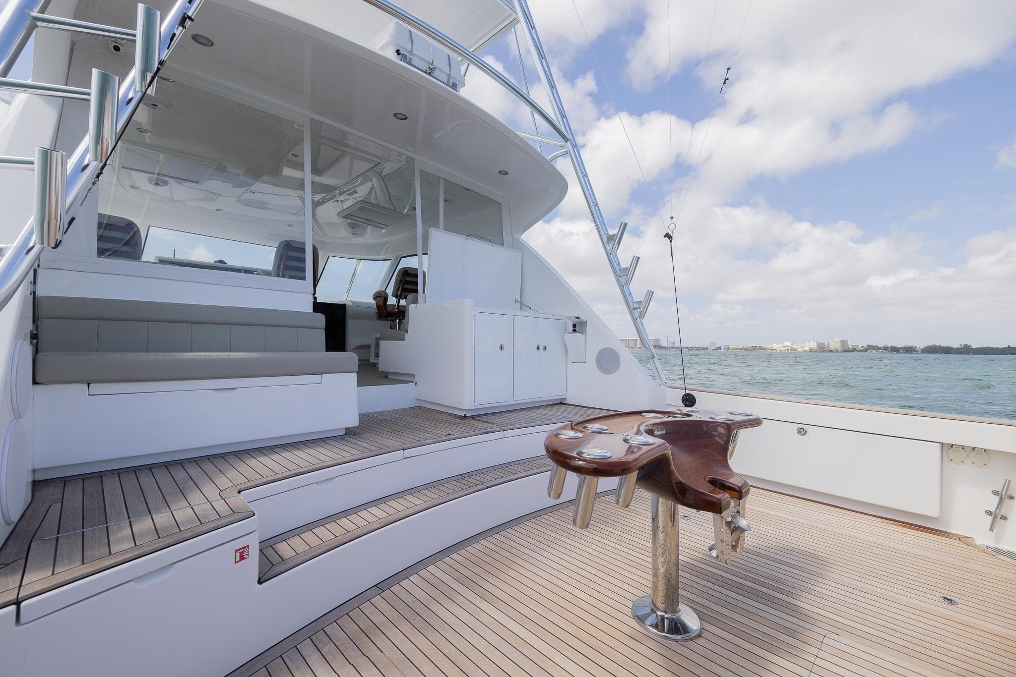 2022 Bertram 50 yacht deck with seating and ocean view.
