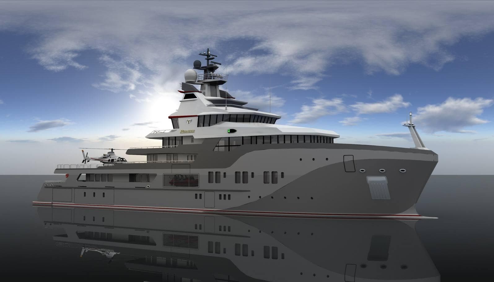 Luxurious Superyacht Frontier 85m, 2027 model, sailing under a clear blue sky.