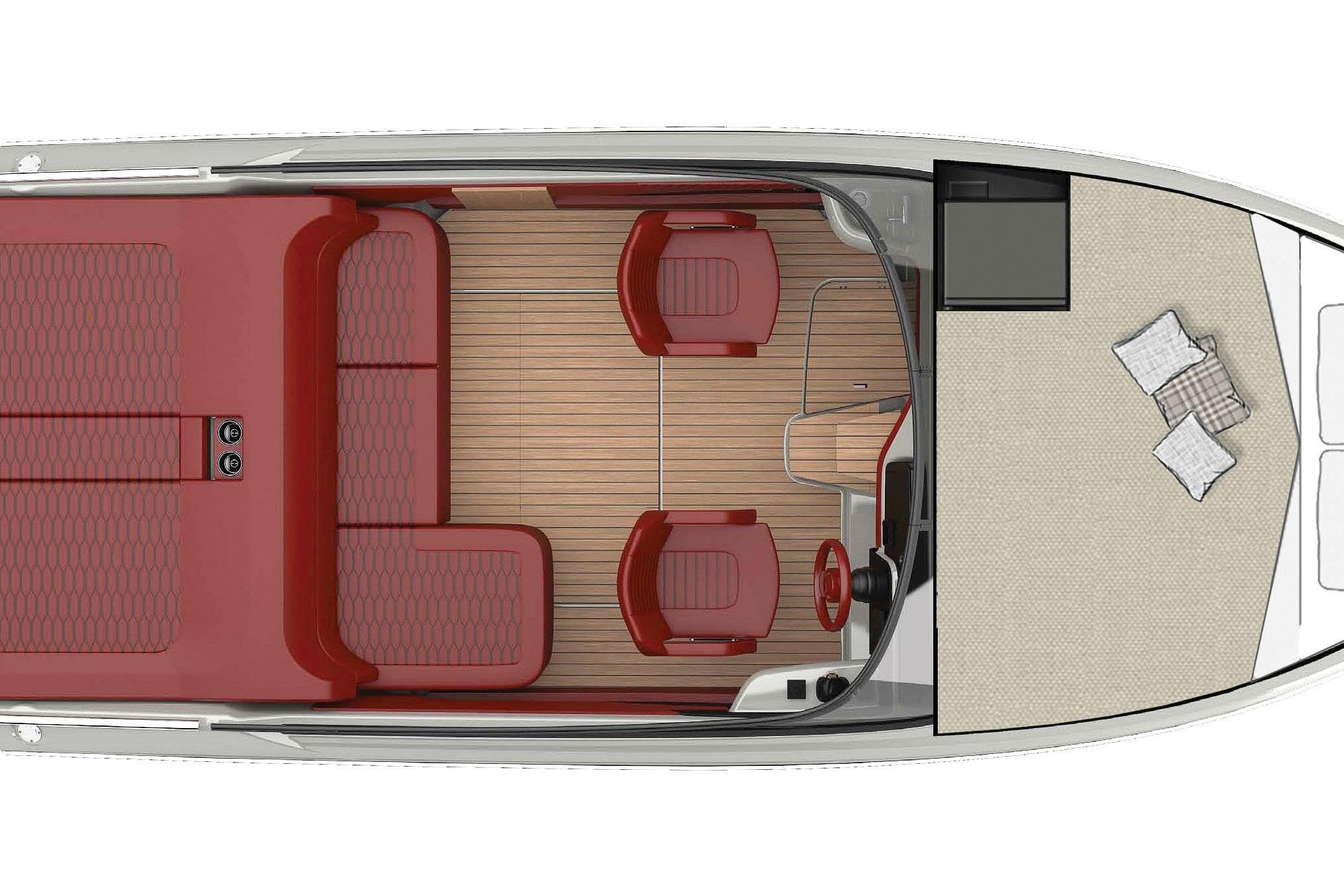 Top view of 2026 Cranchi E26 Classic boat interior with red seating and wooden flooring.