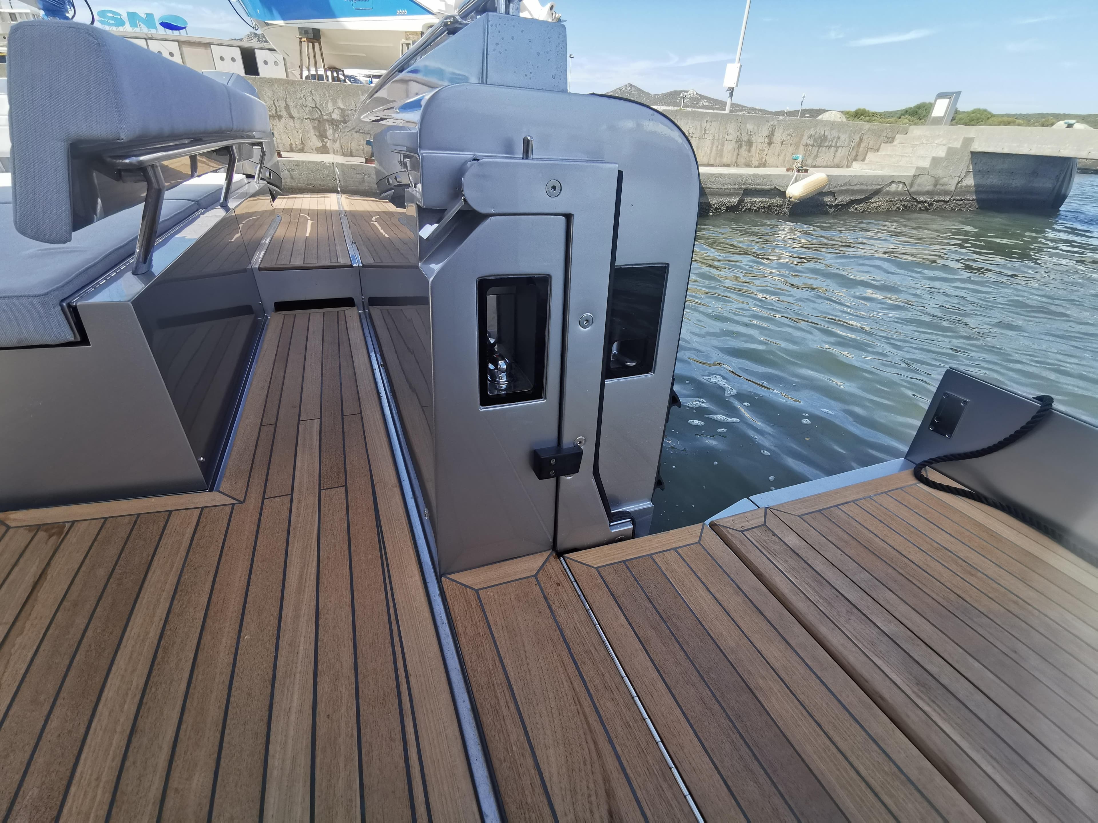 Novamarine Black Shiver 160 fb 2022 yacht deck with sleek wood finish and modern design.