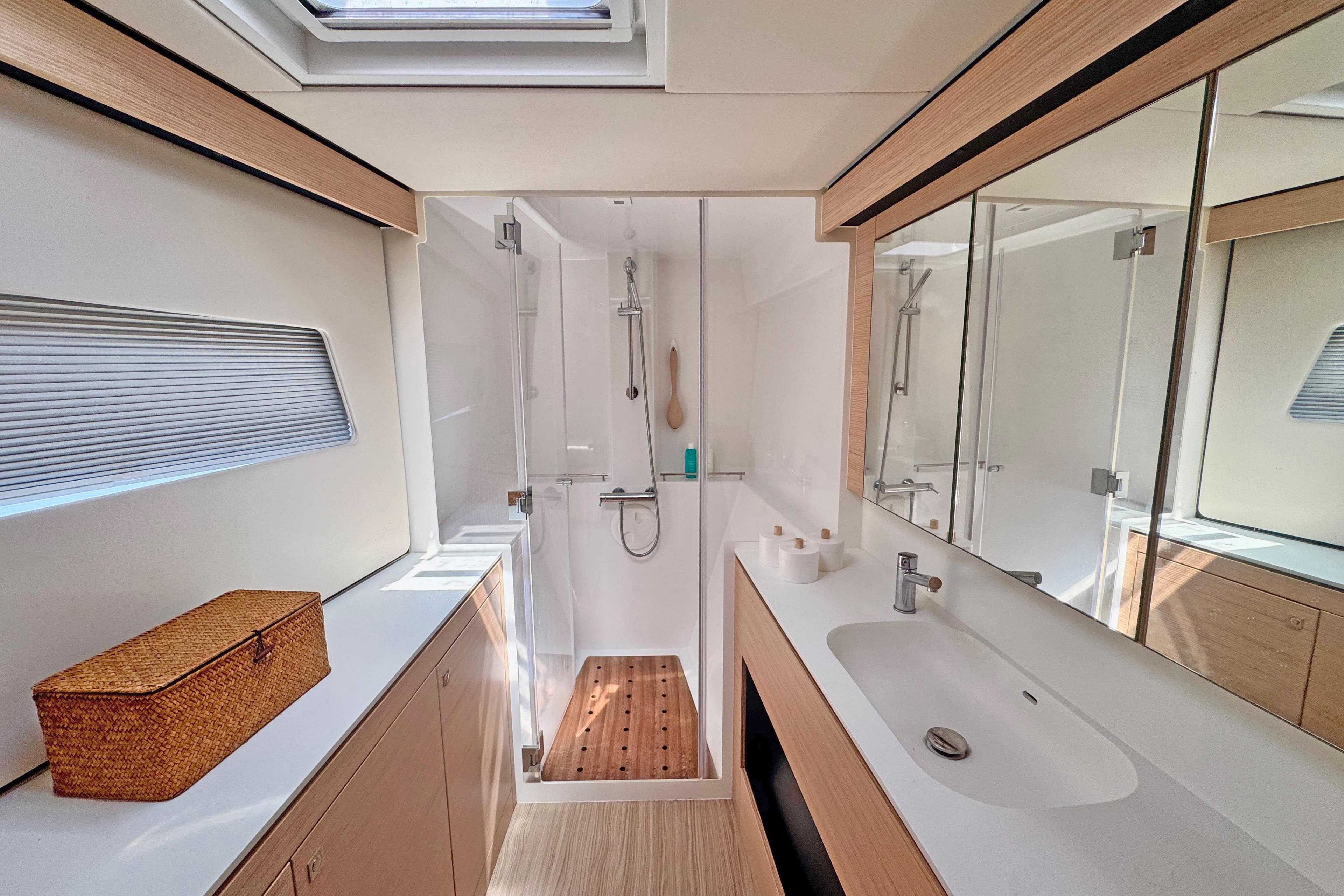 Luxurious bathroom interior of 2024 Nautitech 44 Open yacht with modern fixtures.