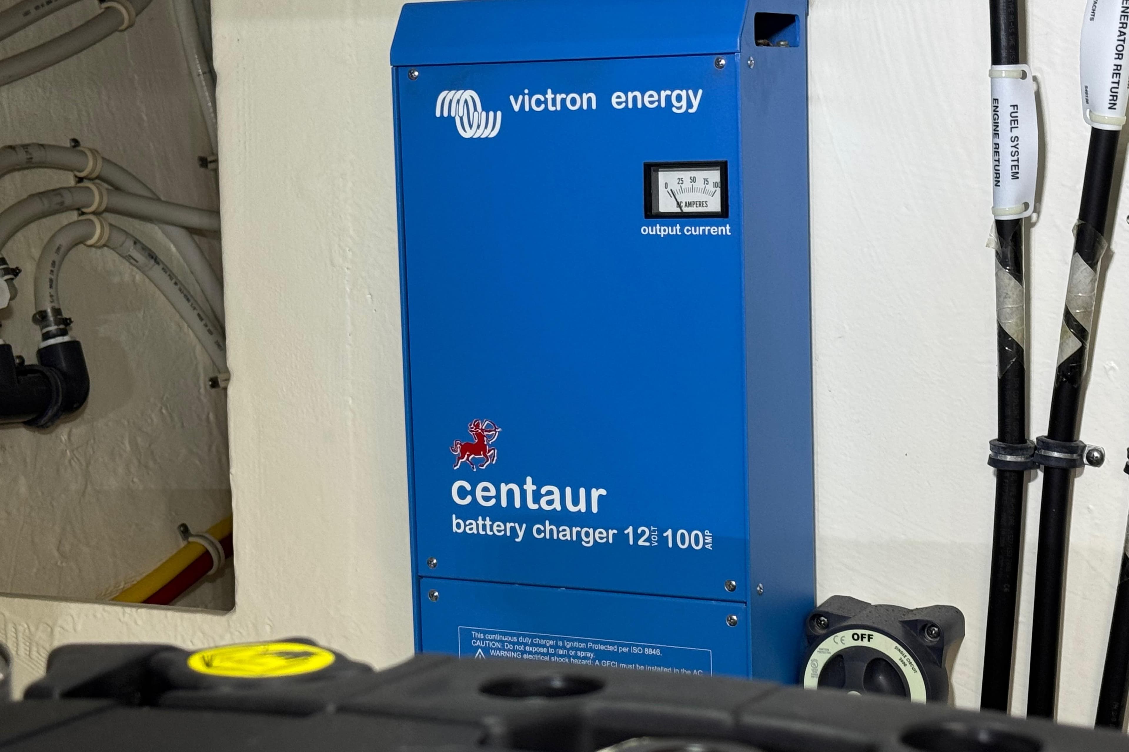 Victron Energy Centaur battery charger in 2018 Tiara Yachts C44 Coupe engine room.