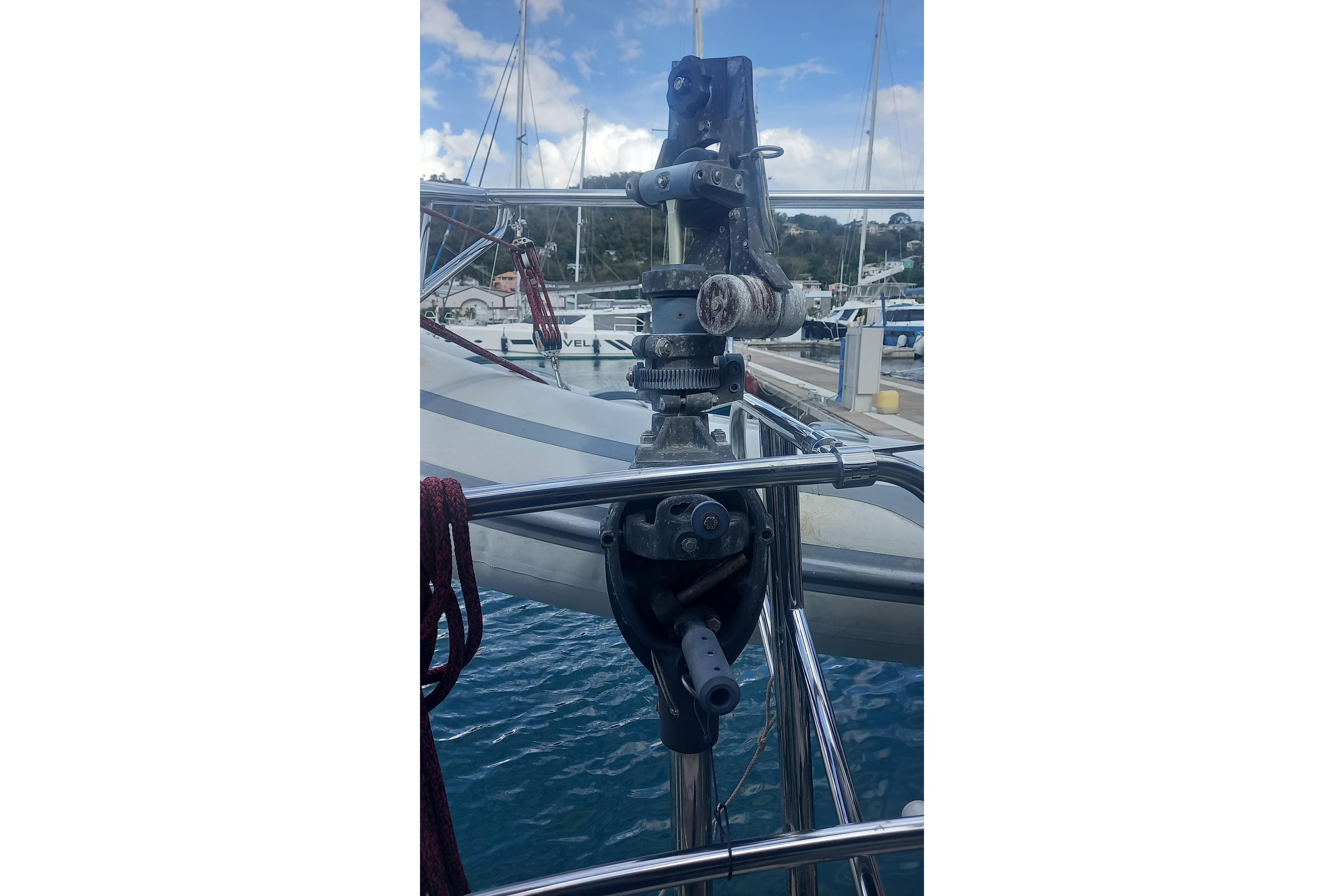 Close-up of a 1993 Island Packet 38 sailboat's rigging and deck details.