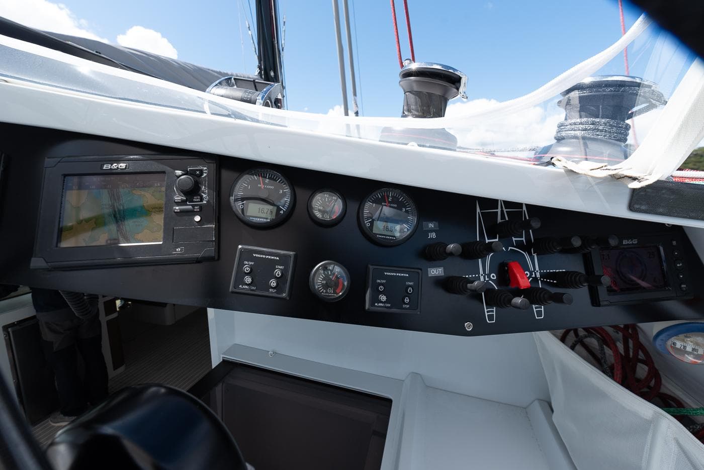 Alibi 54 yacht control panel, 2014 model, featuring instruments and controls.