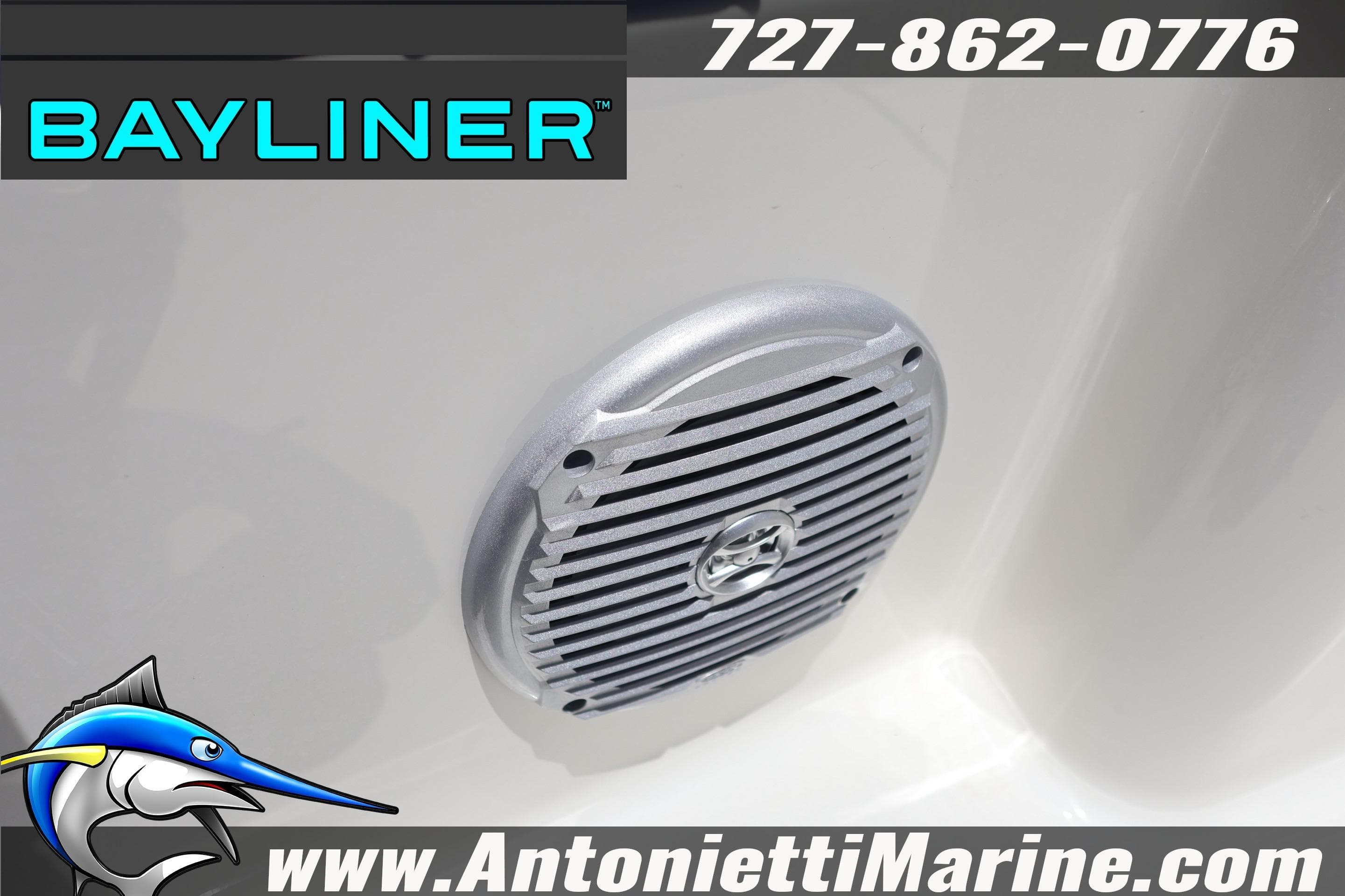 Bayliner D20 2026 boat speaker detail with contact information and logo.