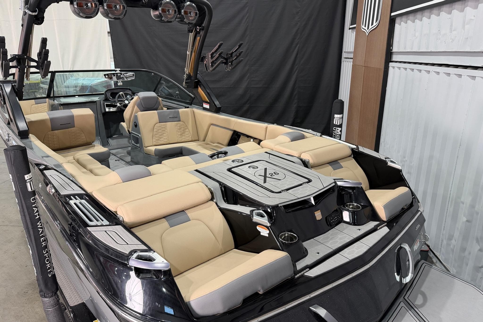 2022 MasterCraft X26 boat interior with luxurious seating and modern design.