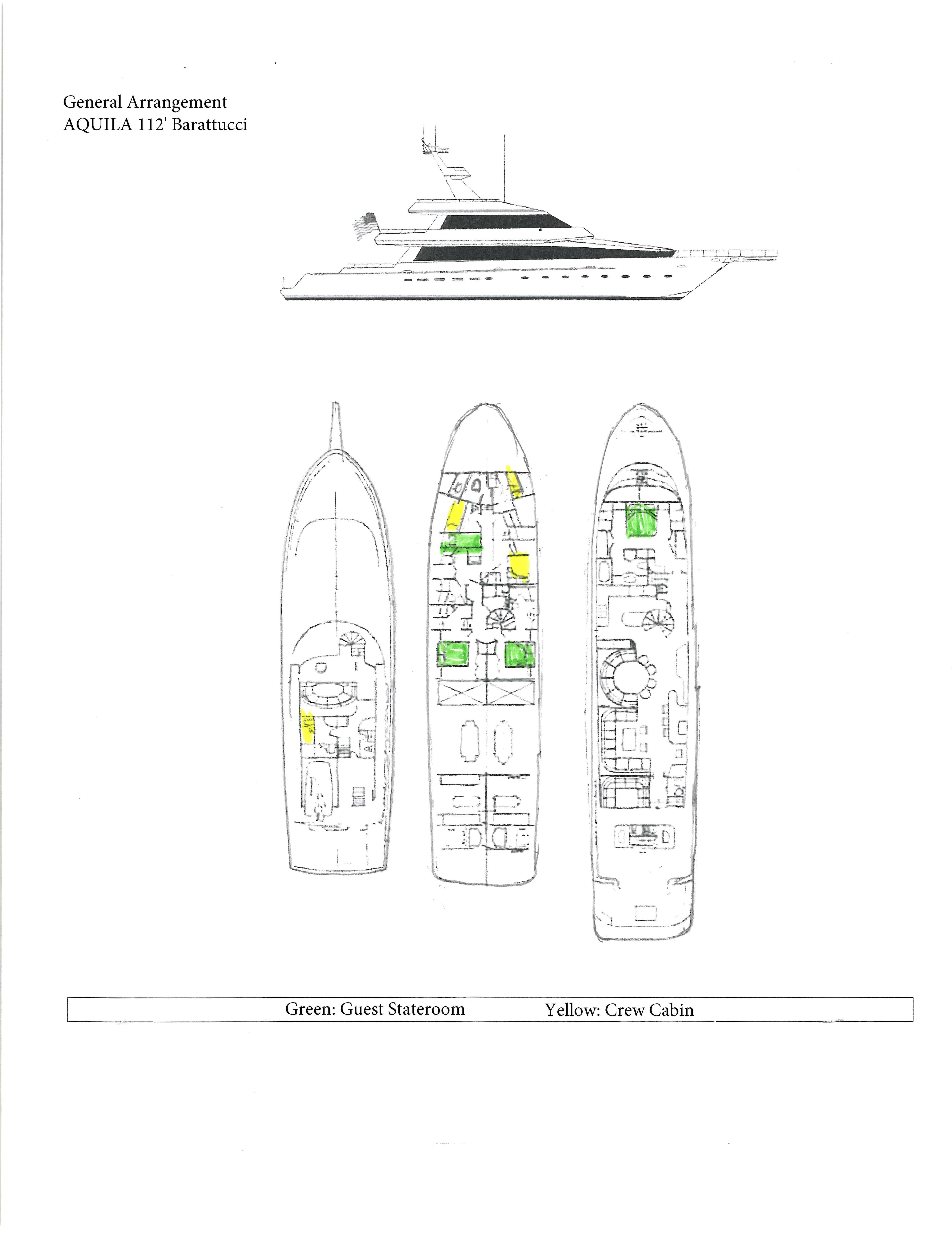 Deck layout of 1992 Barattucci Yacht Fisher, featuring guest and crew cabins.