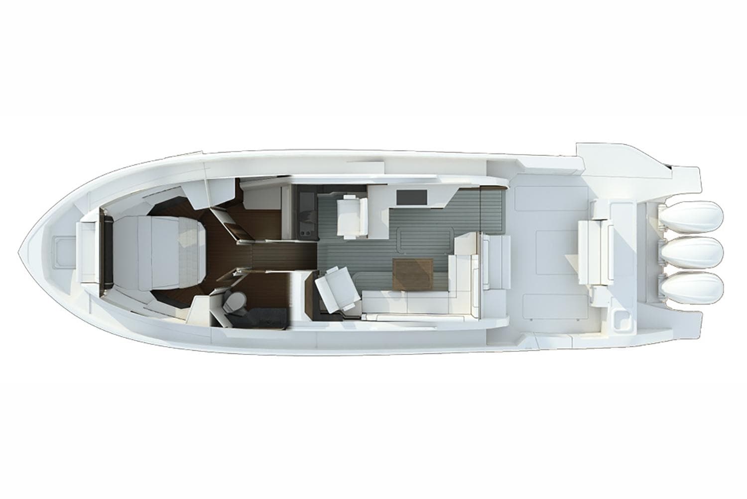 Manufacturer Provided Image: Top view of 2025 Pursuit OS 445 Offshore boat layout with triple engines.