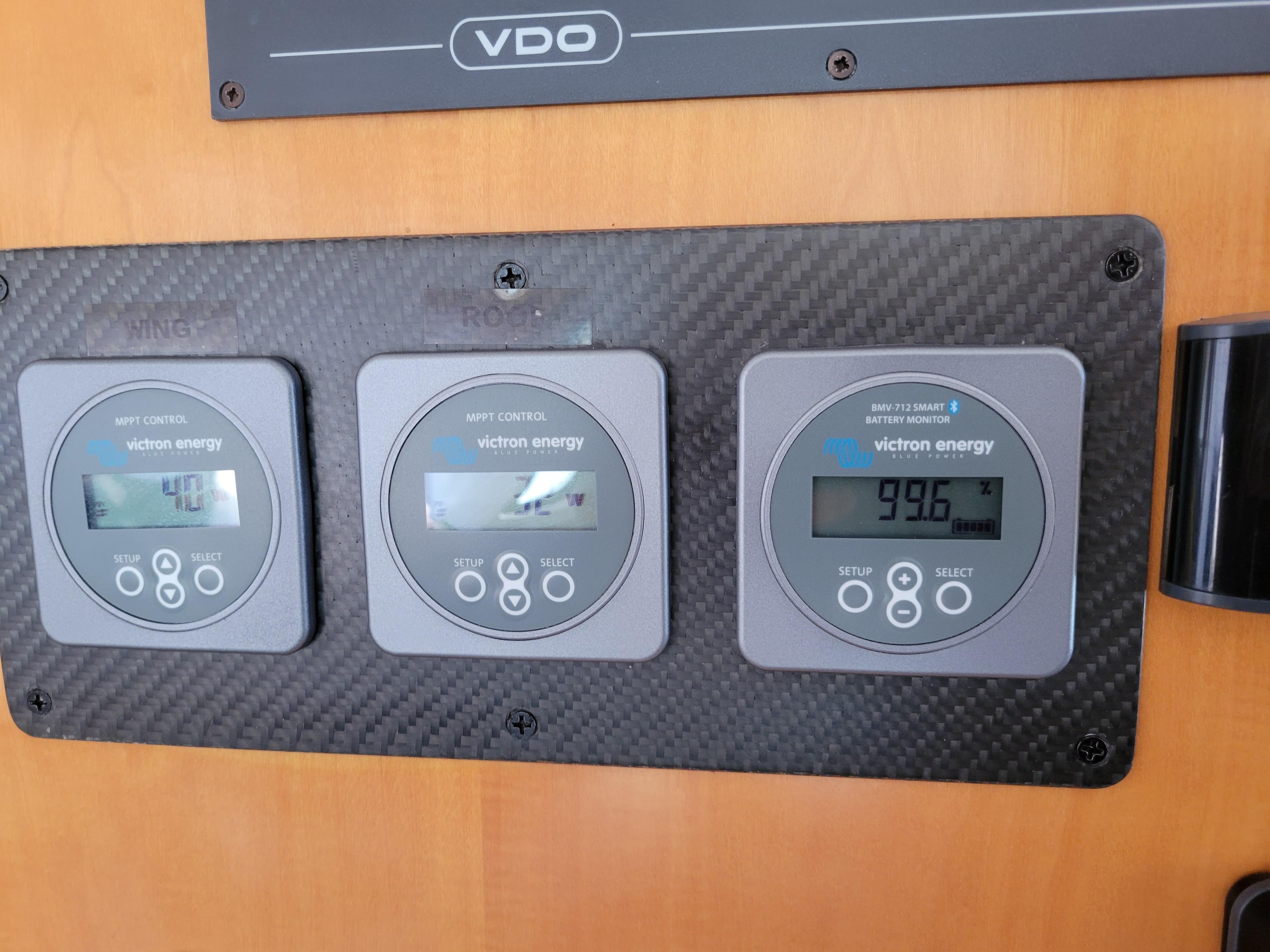 Control panel with Victron Energy displays on a 2006 Fountaine Pajot LAVEZZI yacht.