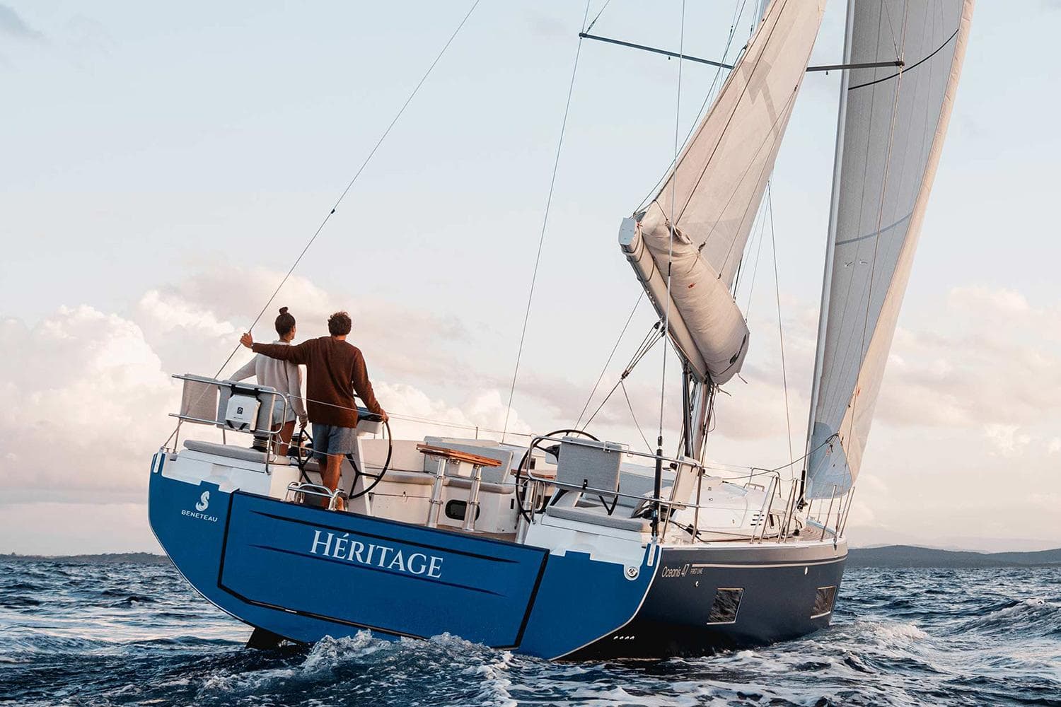 Manufacturer Provided Image: 2026 Beneteau Oceanis 47 sailing on open sea with two people onboard.