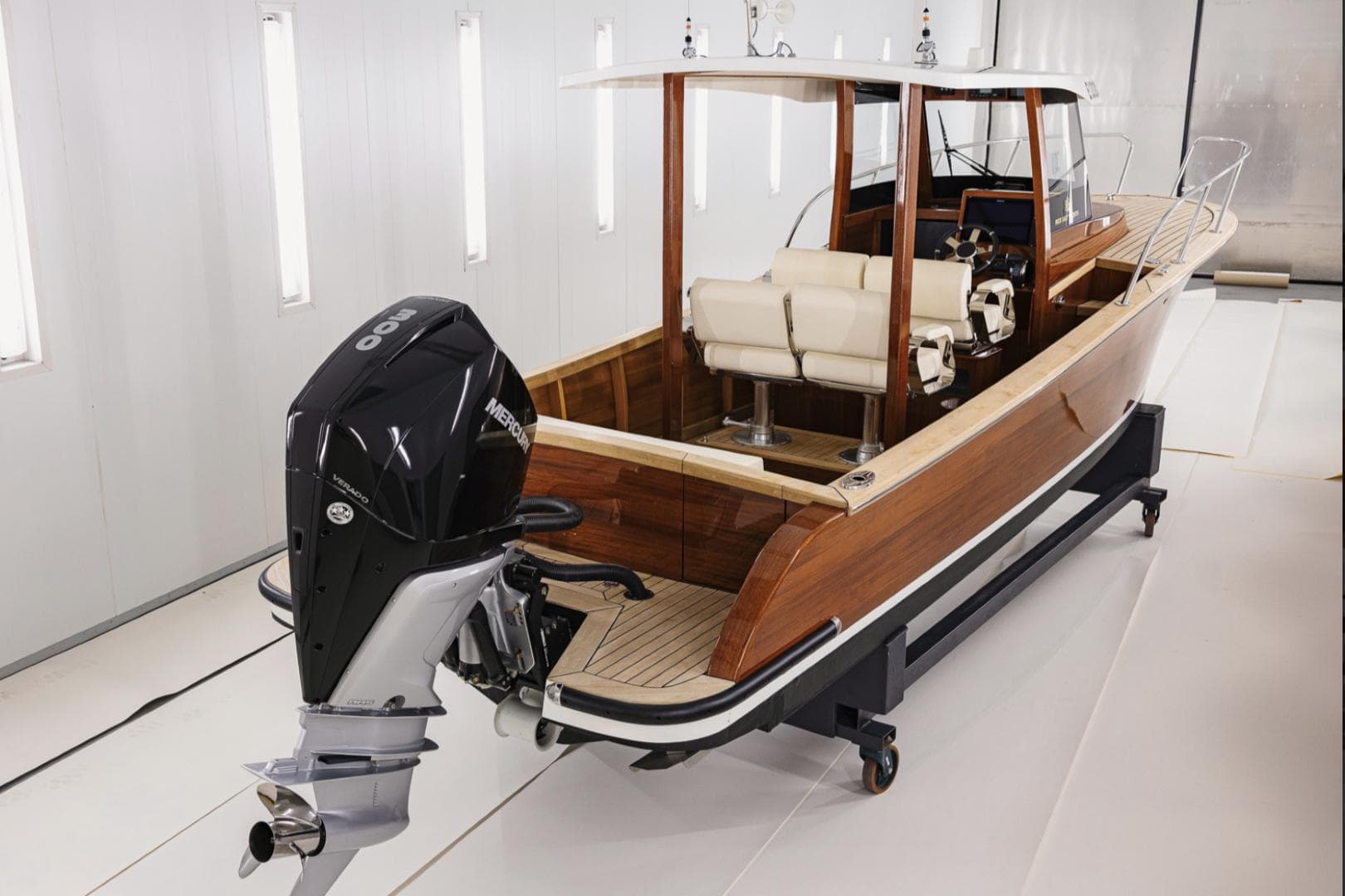 2022 Red Sky 29 Antibes boat with outboard motor in a showroom.