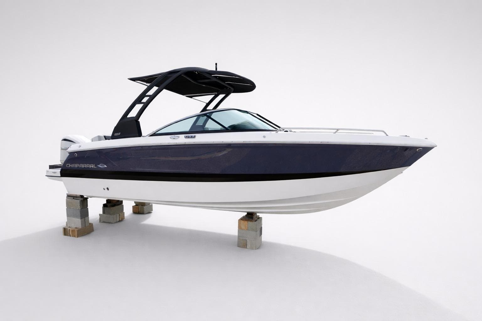 2026 Chaparral 250 OSX boat on display, featuring sleek design and modern architecture.