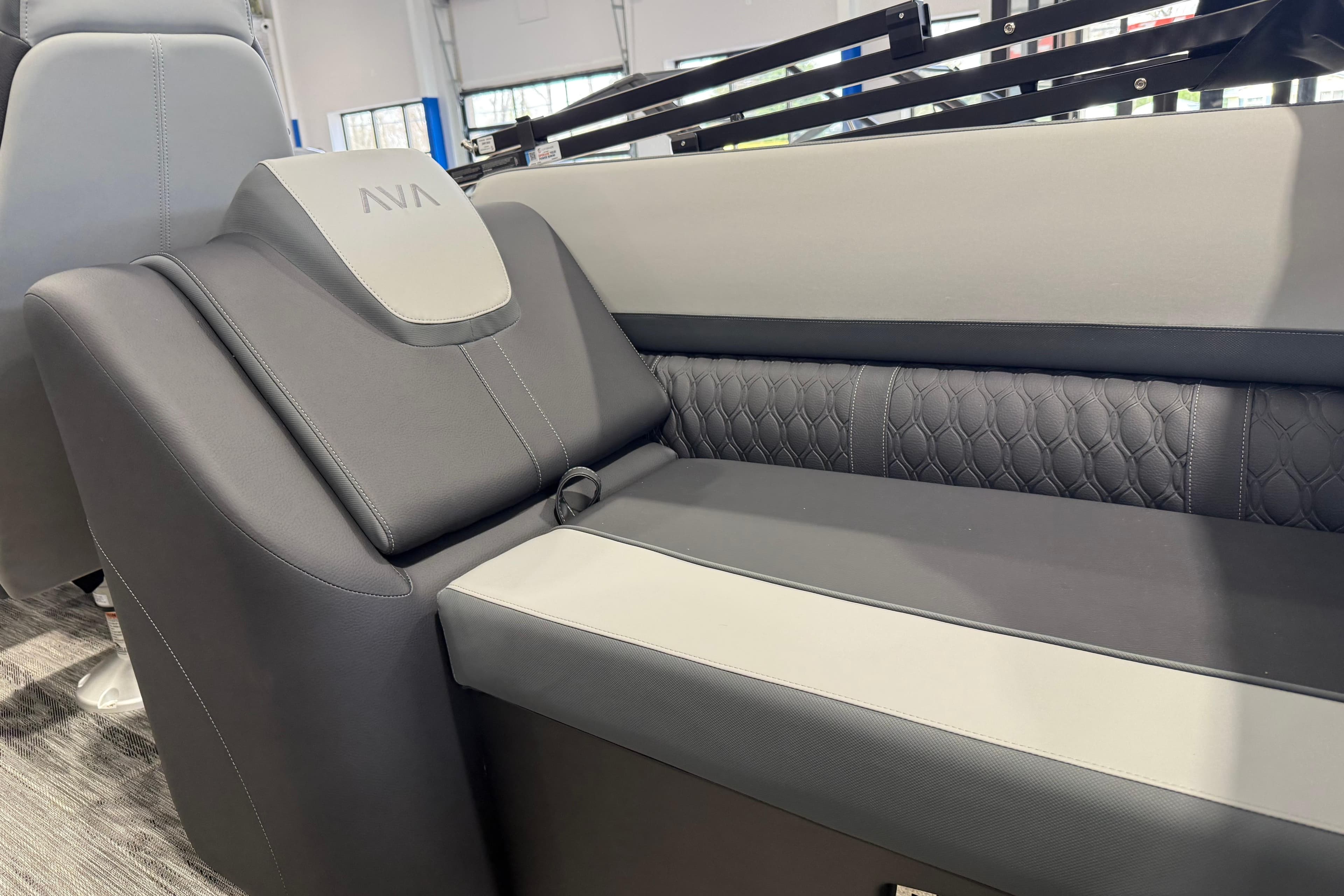 Luxurious seating in the 2026 Avalon 2585 25 Catalina QL boat interior.