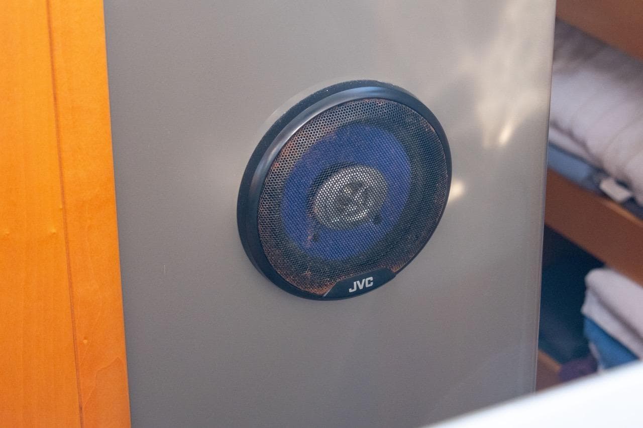 JVC speaker installed on 2006 Fountaine Pajot Highland 35 Pilot yacht interior.