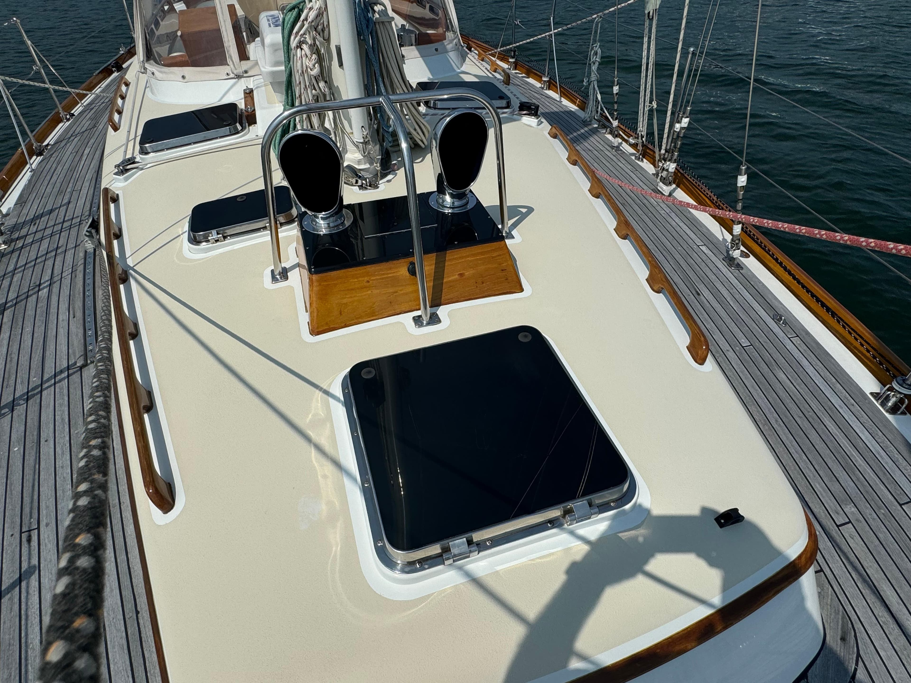 1986 Little Harbor 46 Center Cockpit sailboat deck with hatches and winches.