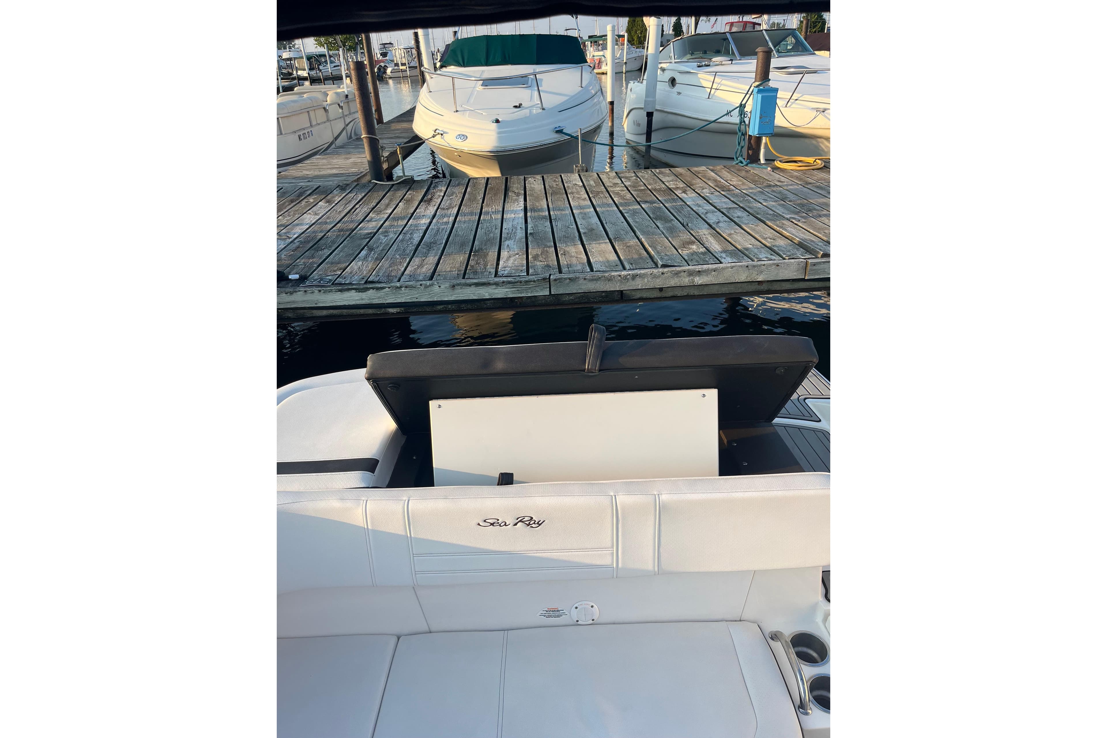 2020 Sea Ray SPX 210 boat docked at marina with wooden pier.