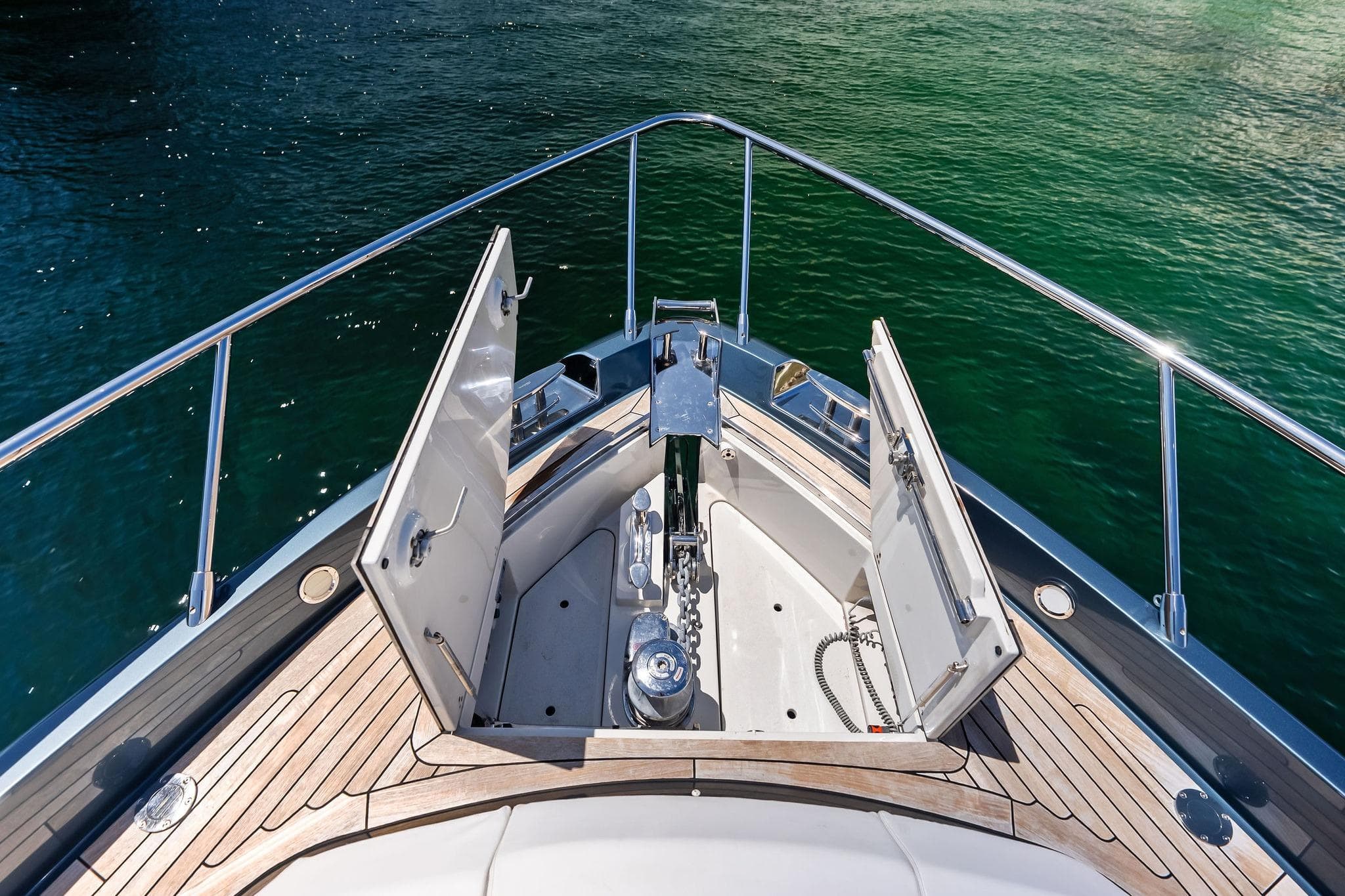 Bow view of 2024 Riva 76 PERSEO Super yacht with open anchor compartment.
