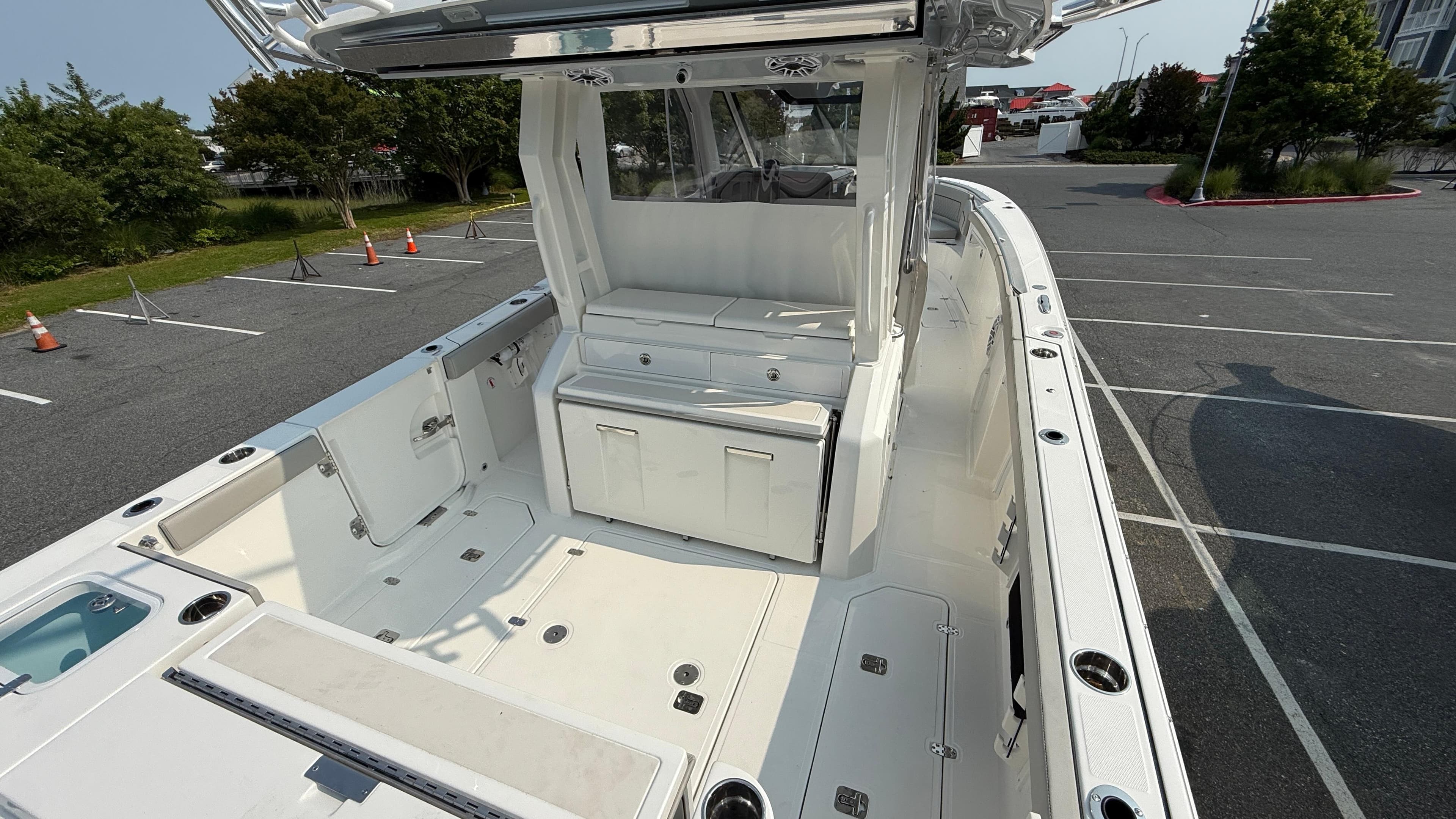 2025 Pursuit S 328 Sport boat interior, featuring spacious deck and seating area.