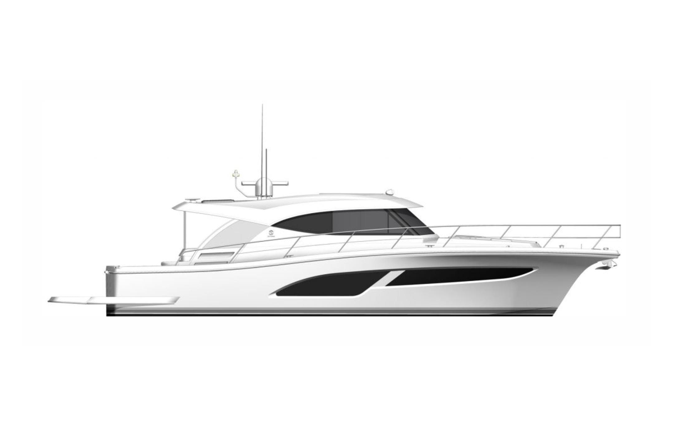 2026 Riviera 465 SUV luxury yacht side profile.