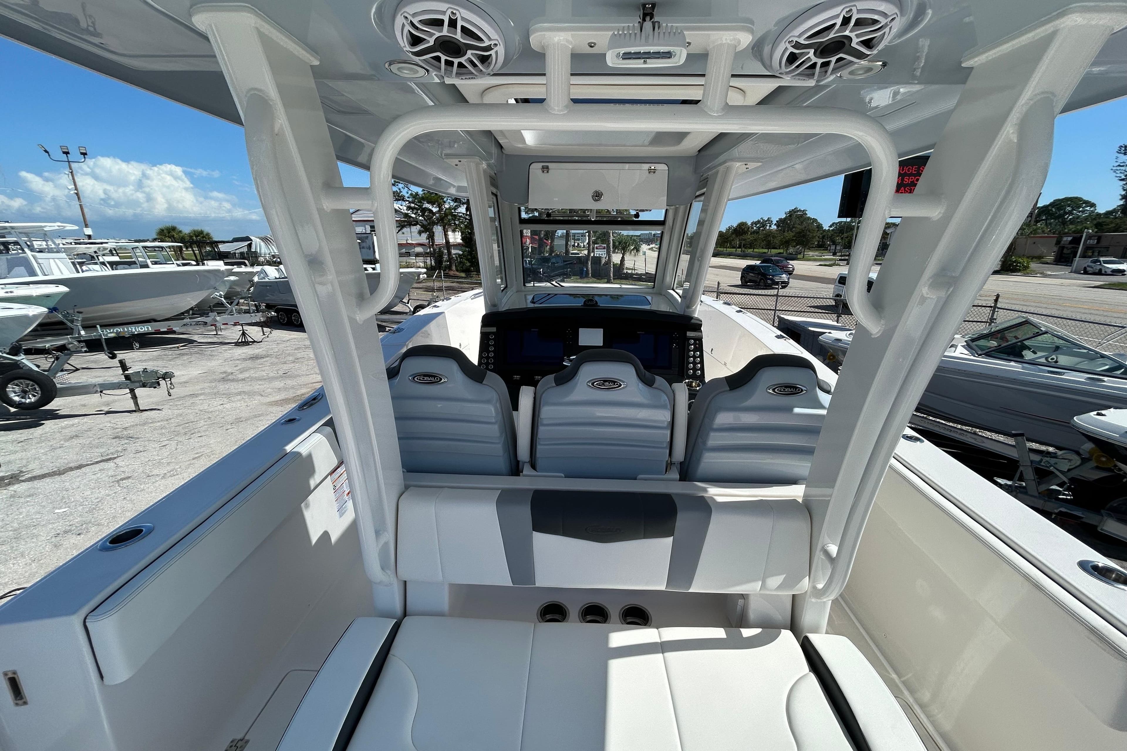 2026 Robalo R360 Center Console boat interior with modern seating and control panel.