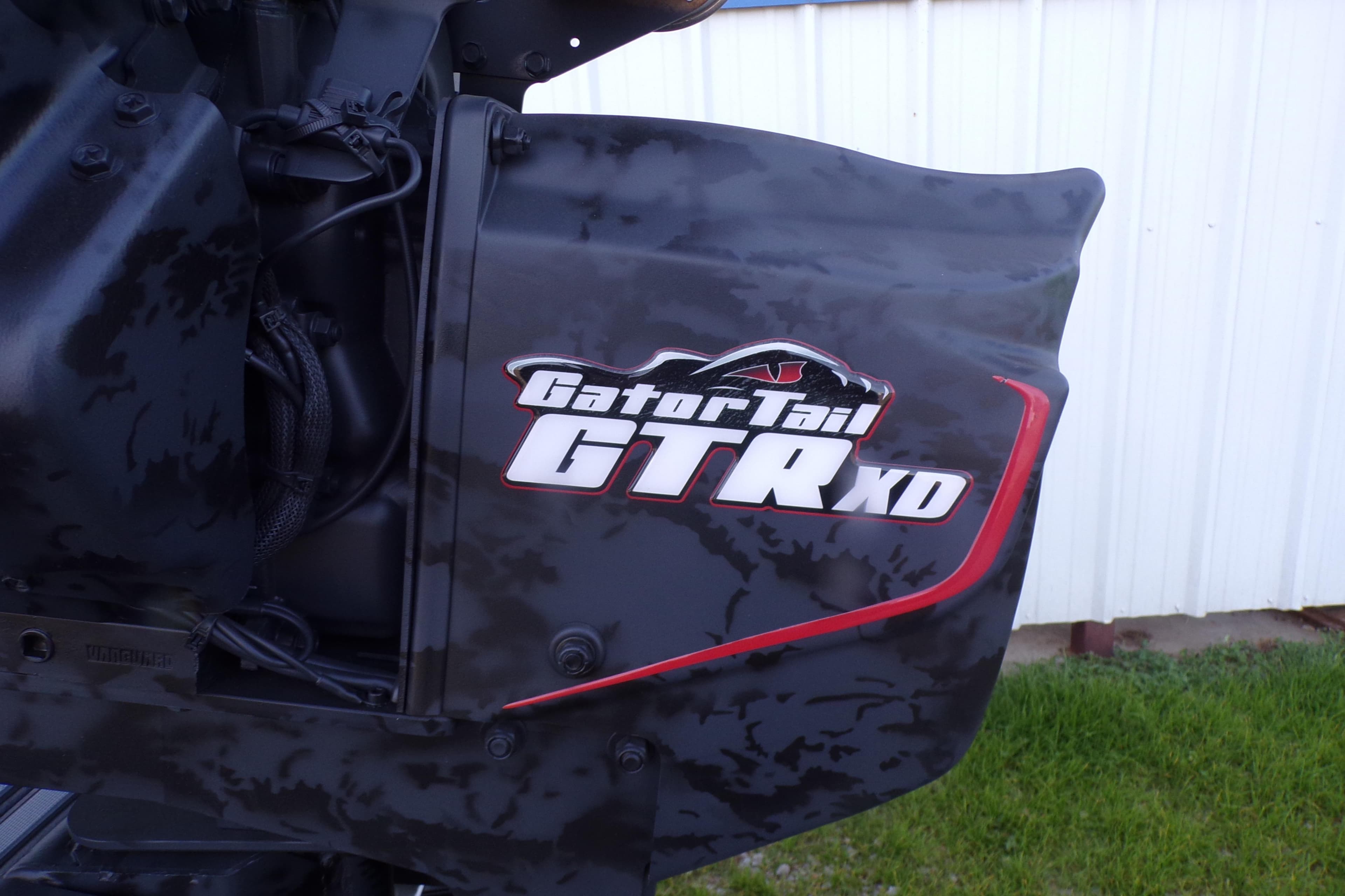GatorTail GTR XD motor on 2026 Xpress Bayou 180 boat, close-up view.