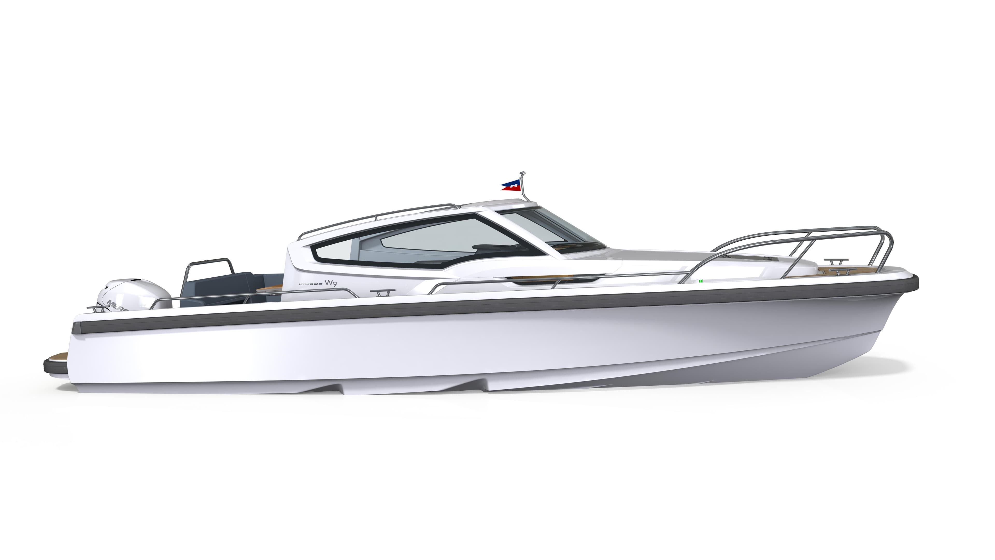 2025 Nimbus Weekender 9 boat, sleek design, side view, white hull, modern cabin.