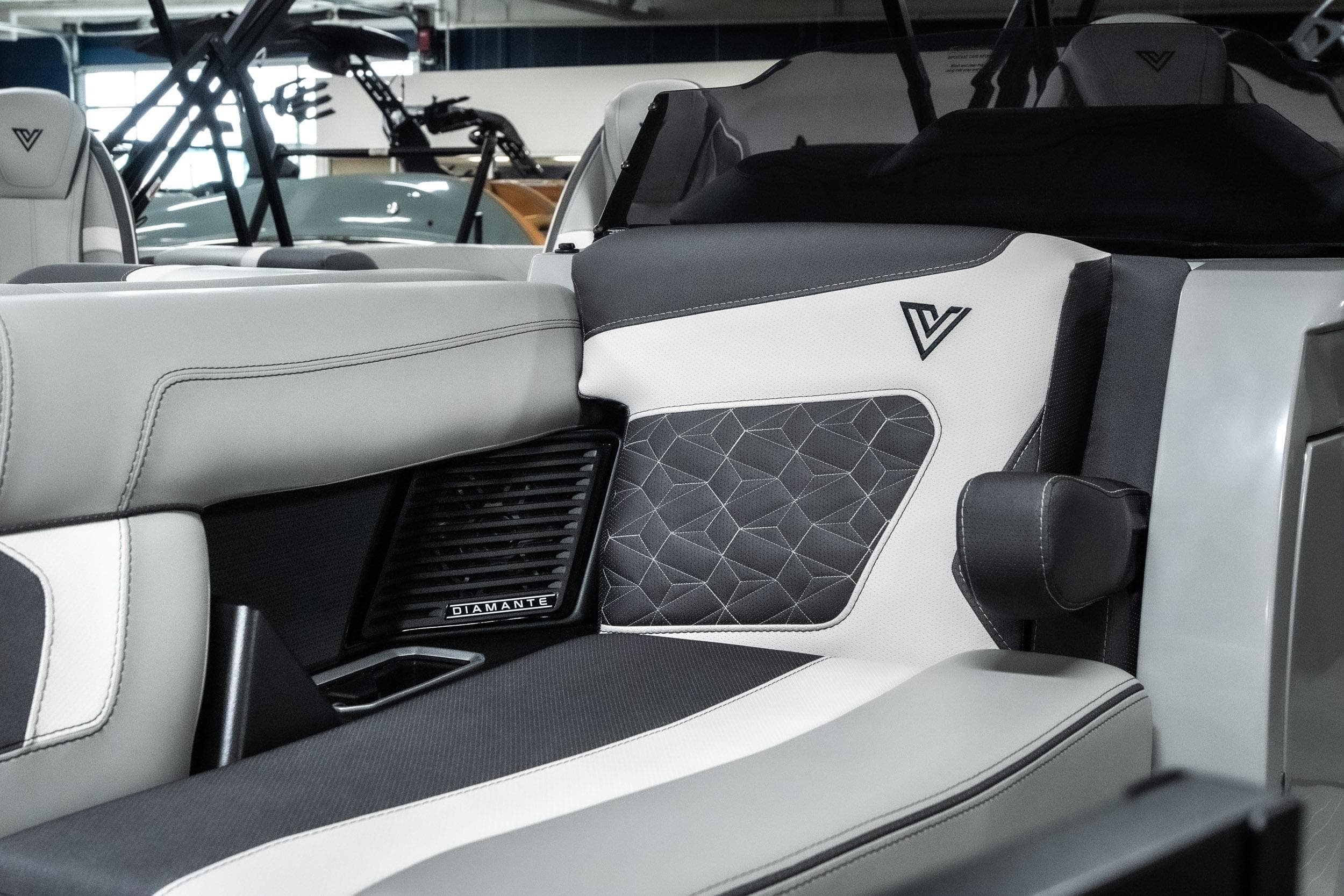 Luxurious interior of 2026 Viaggio D22U boat with stylish seating and modern design.