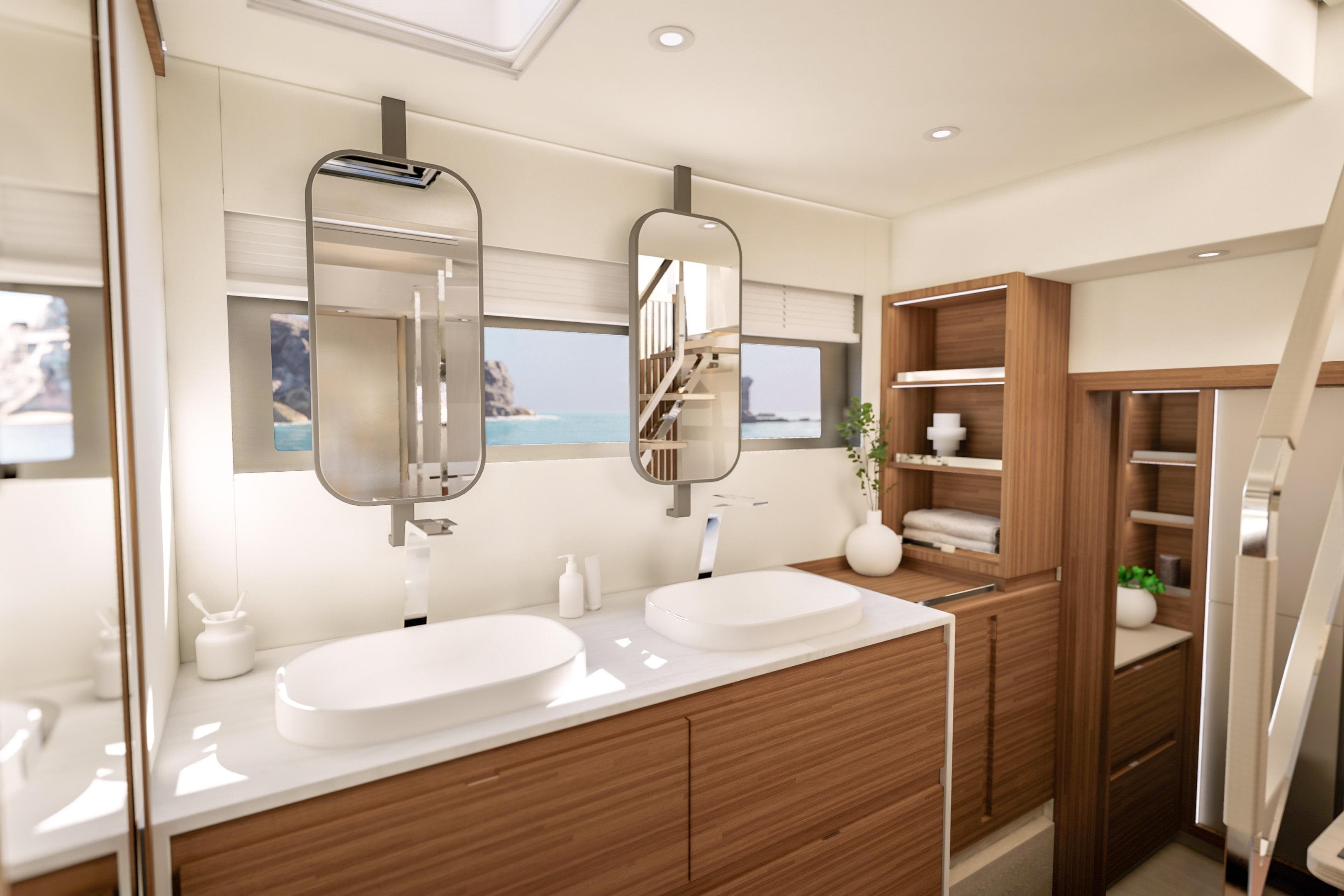 Luxurious bathroom interior of 2027 Fountaine Pajot FPY 70S yacht with modern fixtures.