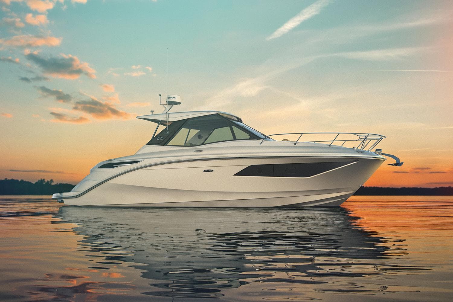 Manufacturer Provided Image: 2025 Sea Ray Sundancer 320 yacht on calm water at sunset.
