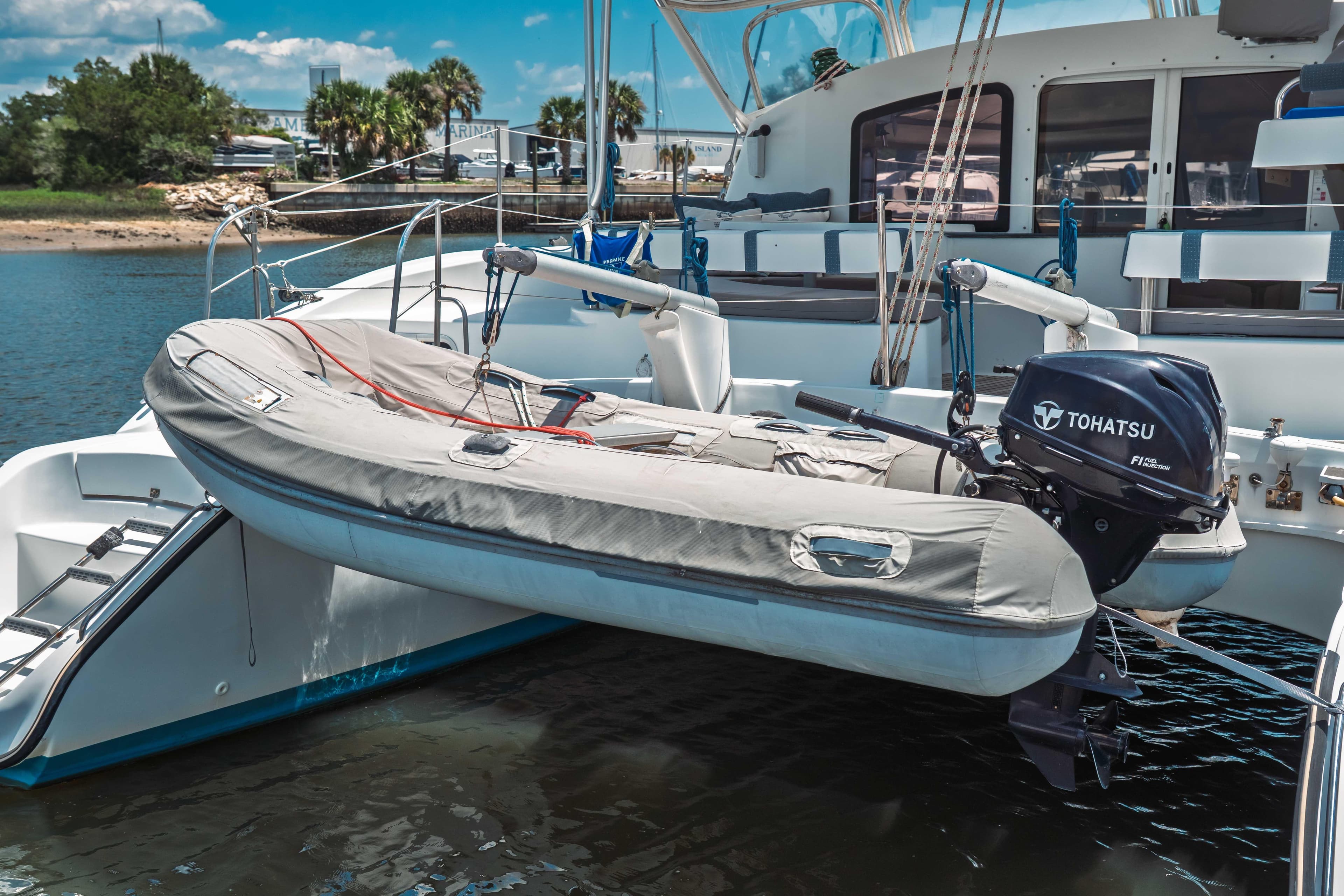 2005 Fountaine Pajot LAVEZZI 40 catamaran with Tohatsu outboard motor and inflatable dinghy.