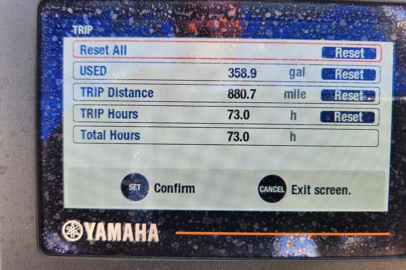 Yamaha trip display showing fuel usage and distance for 2020 Robalo 246 Cayman.