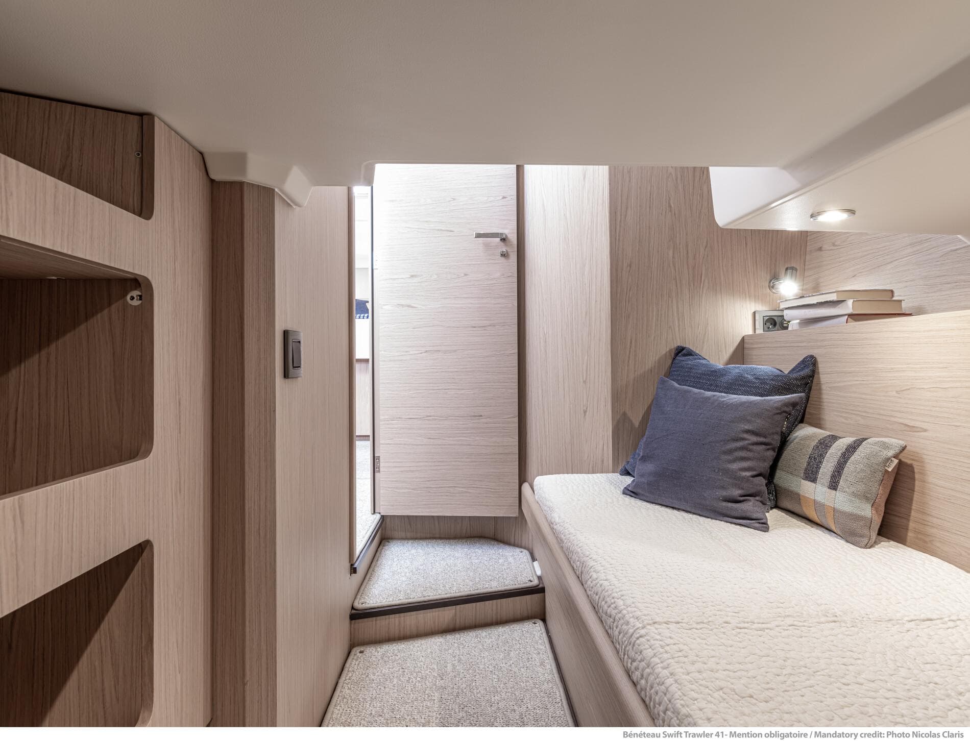 Interior of 2025 Beneteau Swift Trawler 41 Fly, featuring cozy cabin with modern design.