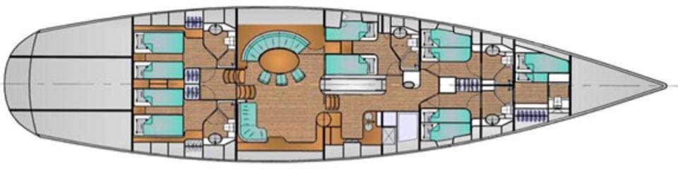 Floor plan of a 1996 Baltic 87 yacht, featuring multiple cabins and a central lounge area.
