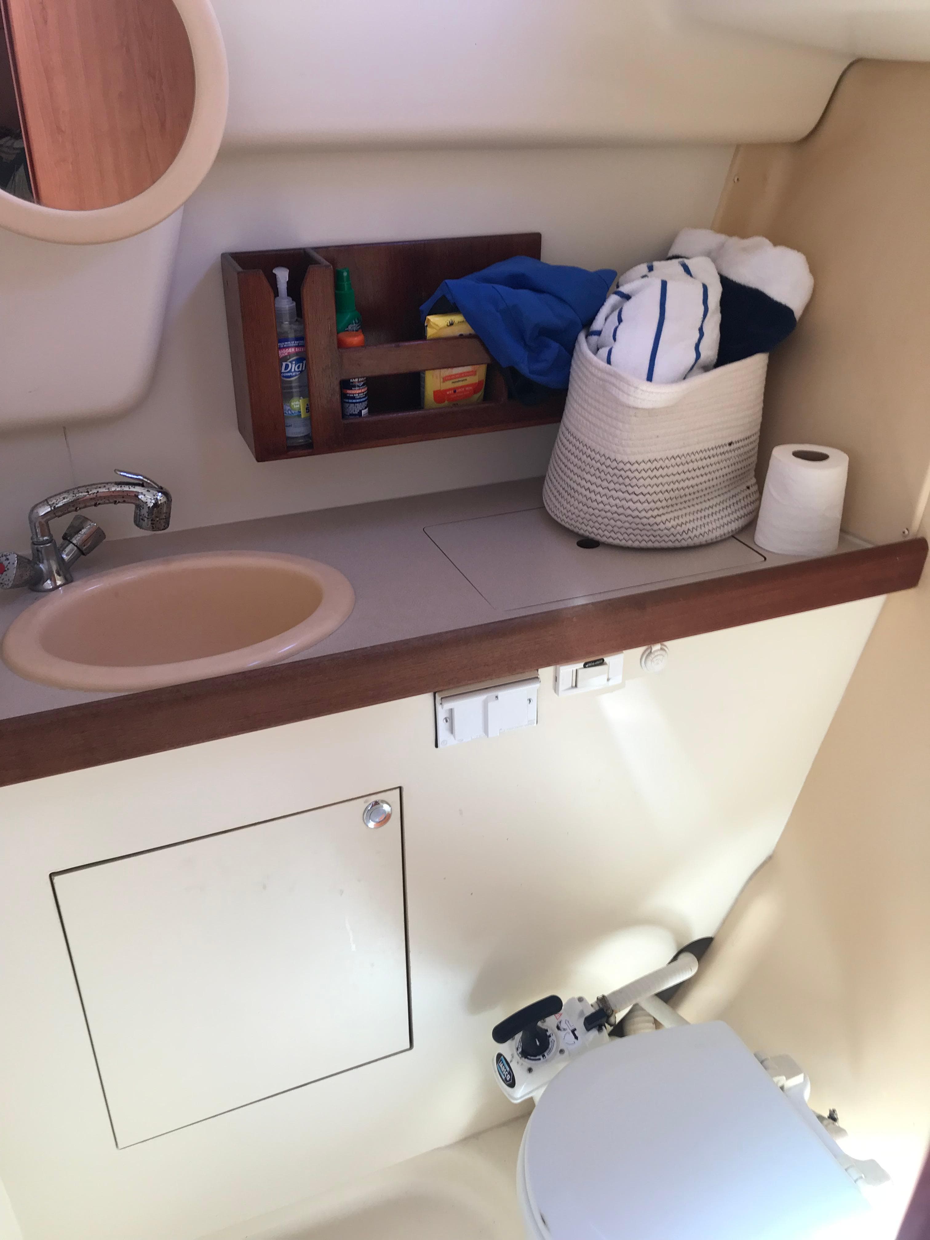 2009 Hunter 310 boat bathroom with sink, storage shelves, and toilet.