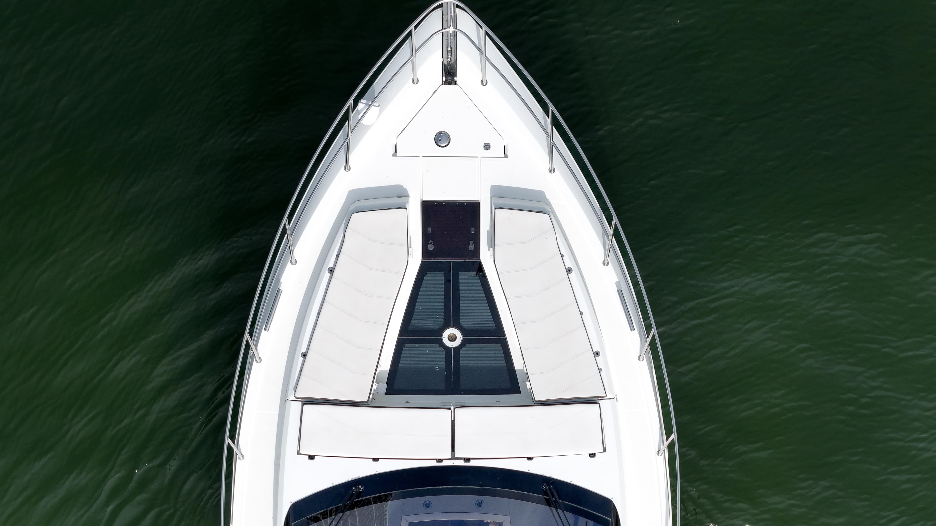 Aerial view of 2020 Galeon 510 Sky yacht on calm water.