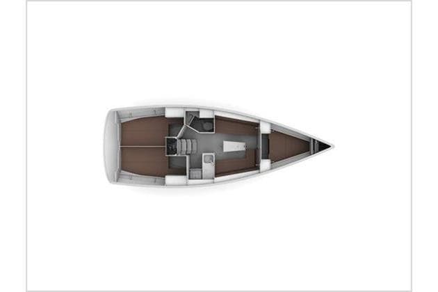 Top view of 2017 Bavaria 34 Cruiser sailboat interior layout.