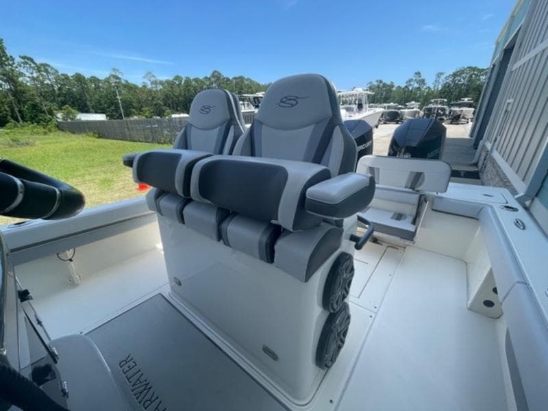 2020 ShearWater 270 Carolina Flare boat interior with dual seats and clean deck.