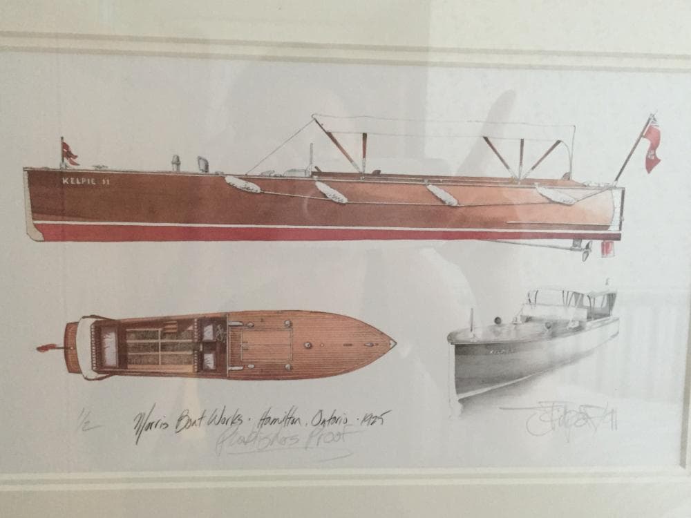 Illustration of a 1924 Morris 30 Commuter Launch boat with detailed side and top views.