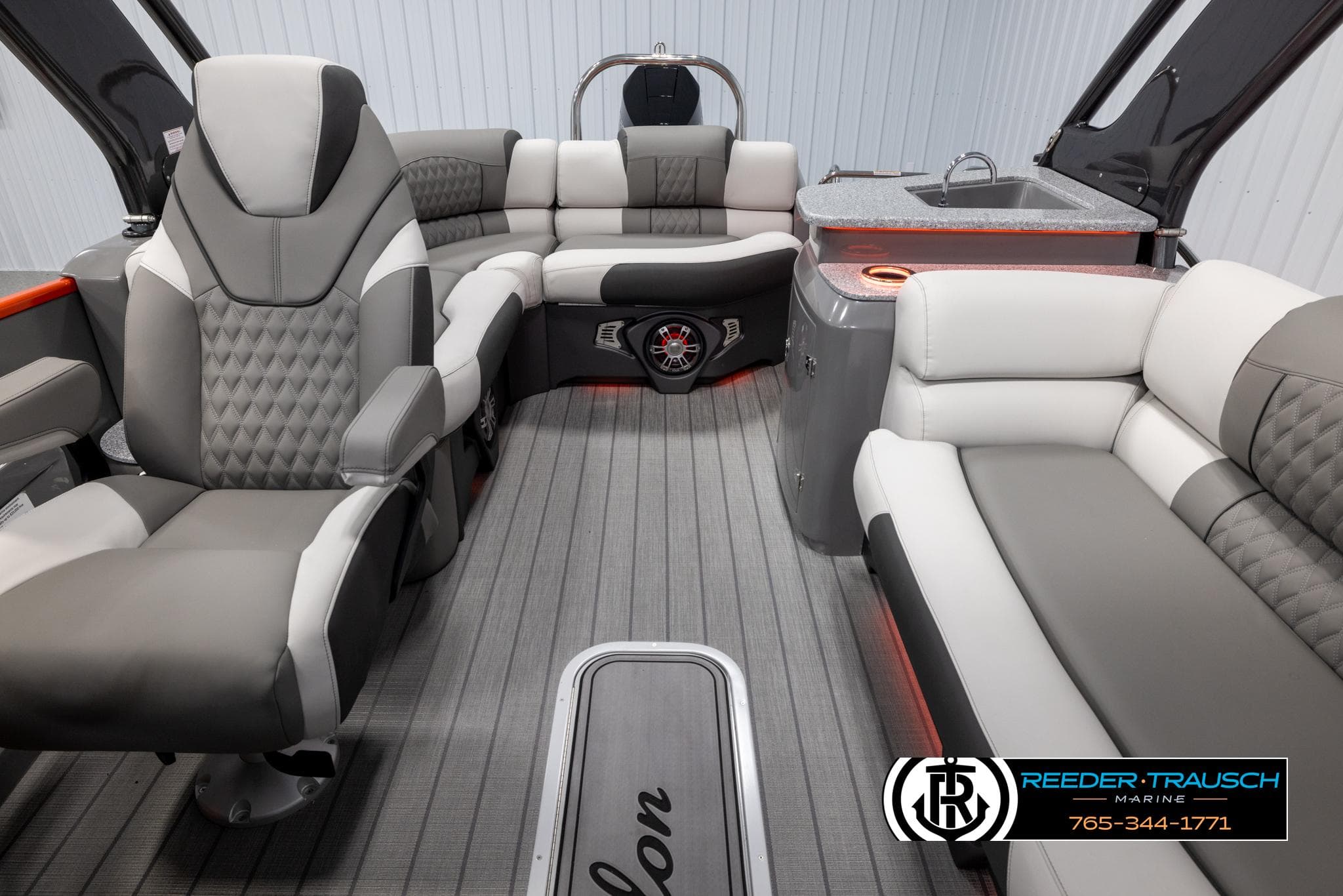2024 Avalon 2785 Excalibur EL boat interior with luxurious seating and modern amenities.