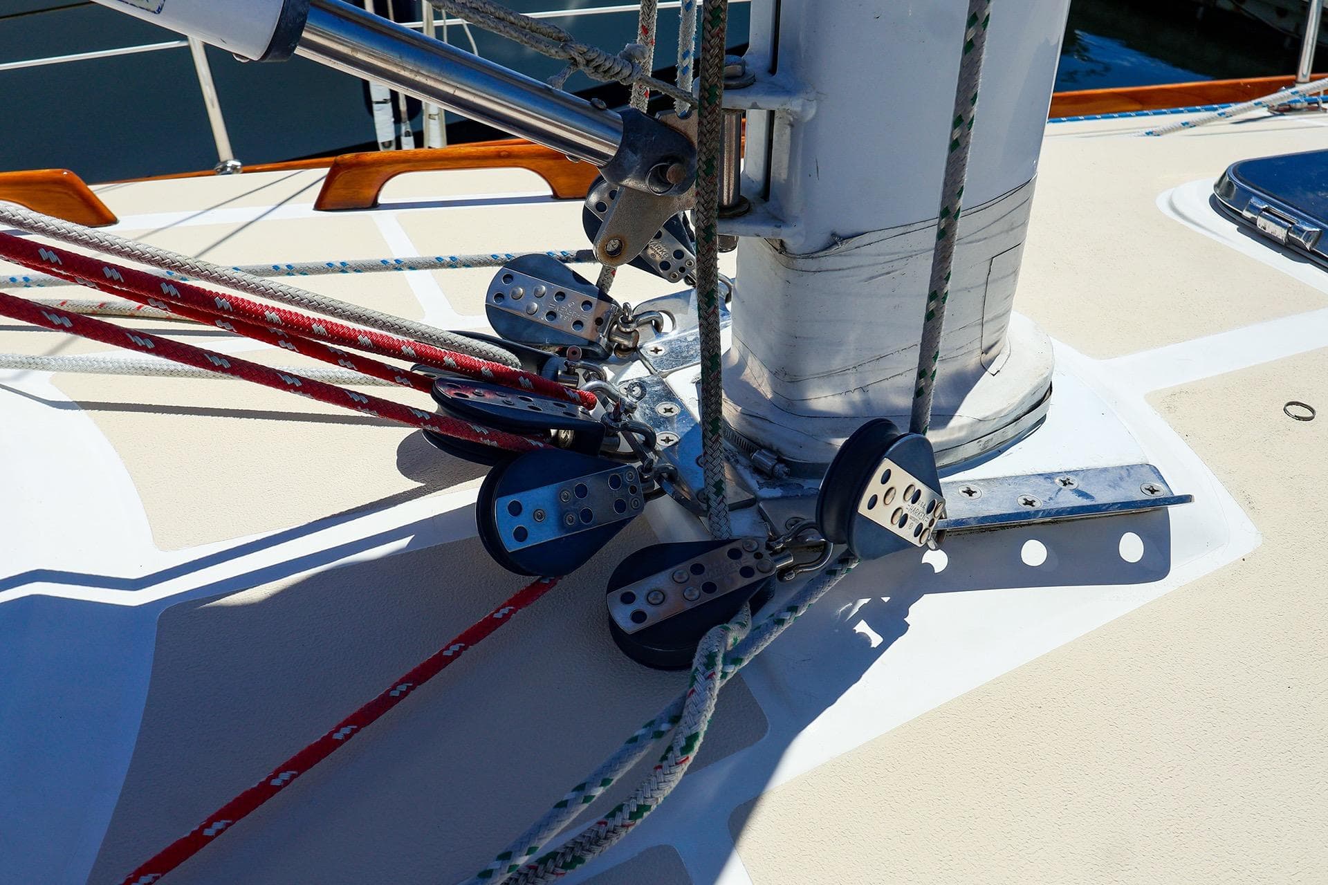 Close-up of Tartan 3500 sailboat rigging and pulleys, 1999 model, on deck.