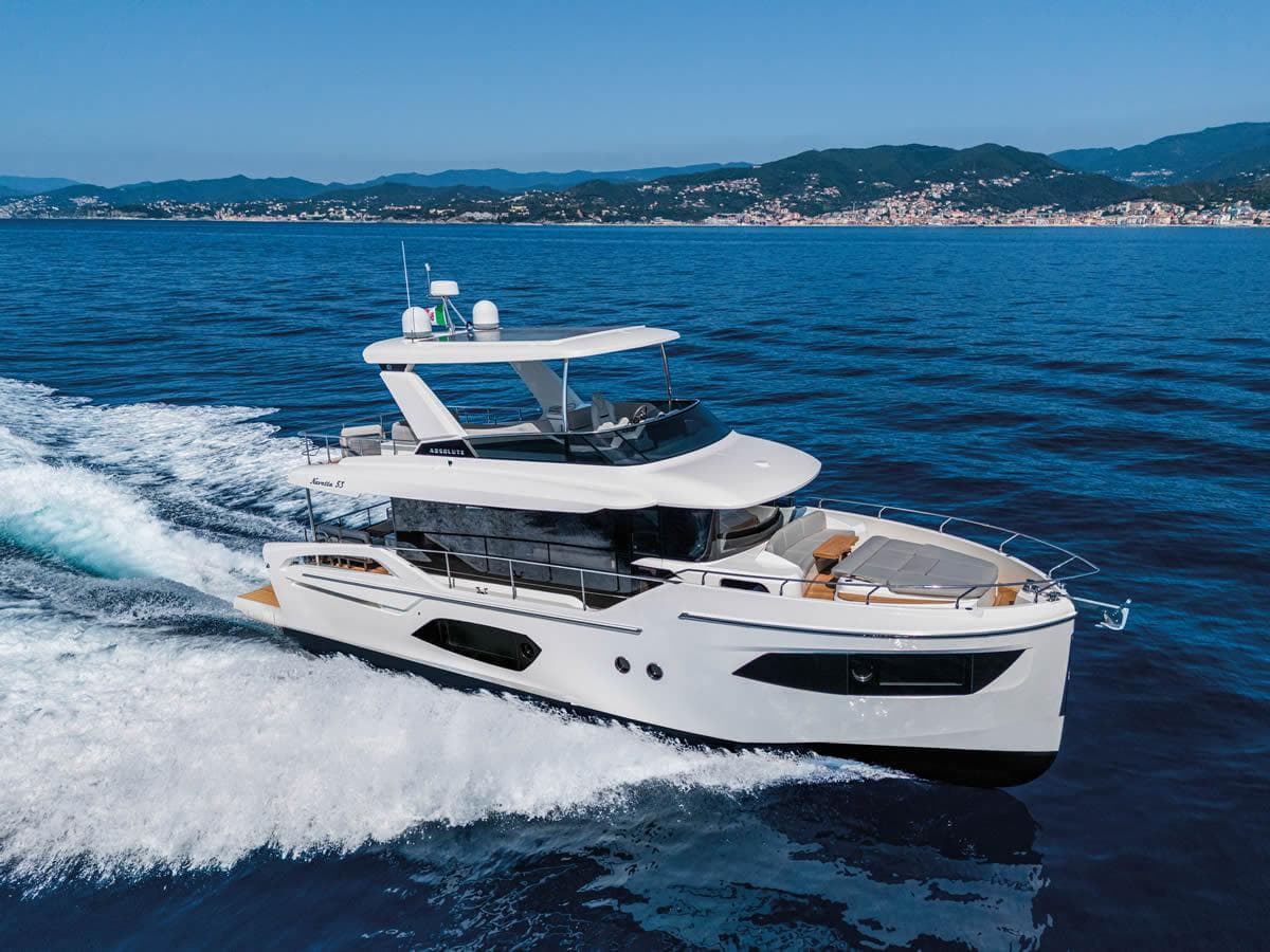 Luxury Absolute 53 Navetta yacht cruising on open sea, 2027 model.