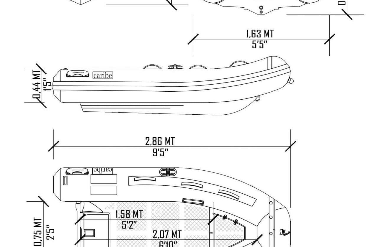 Blueprint of 2025 Caribe C9X boat with detailed dimensions and design features.