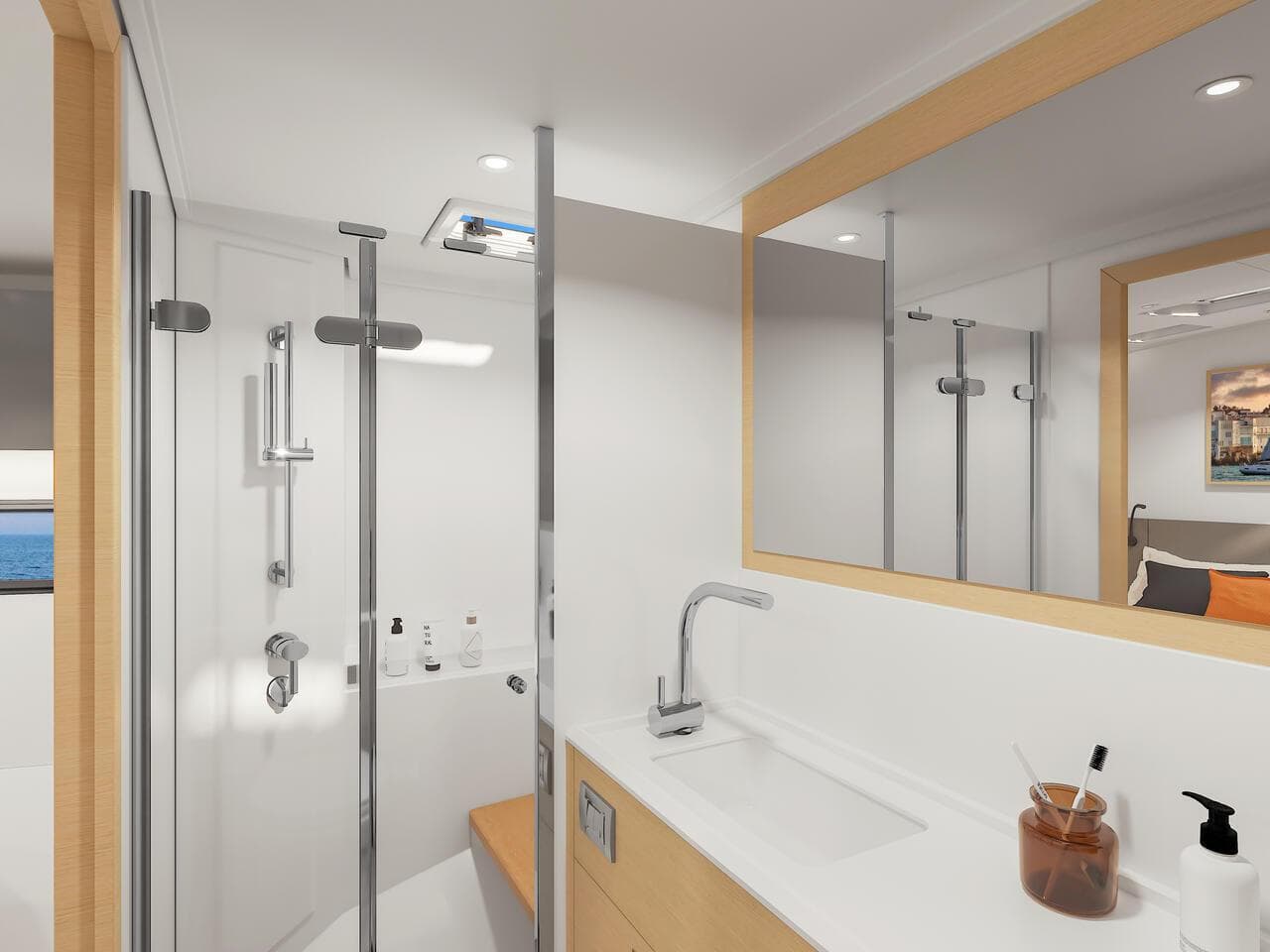 Modern bathroom interior on 2025 Hanse 590 yacht, featuring sleek fixtures and minimalist design.