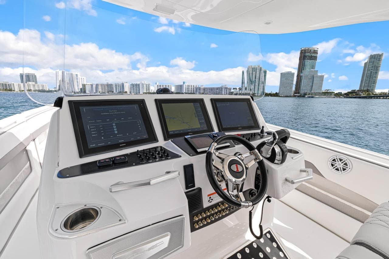 Interior view of 2015 Cigarette 41' GTR boat with modern helm console.