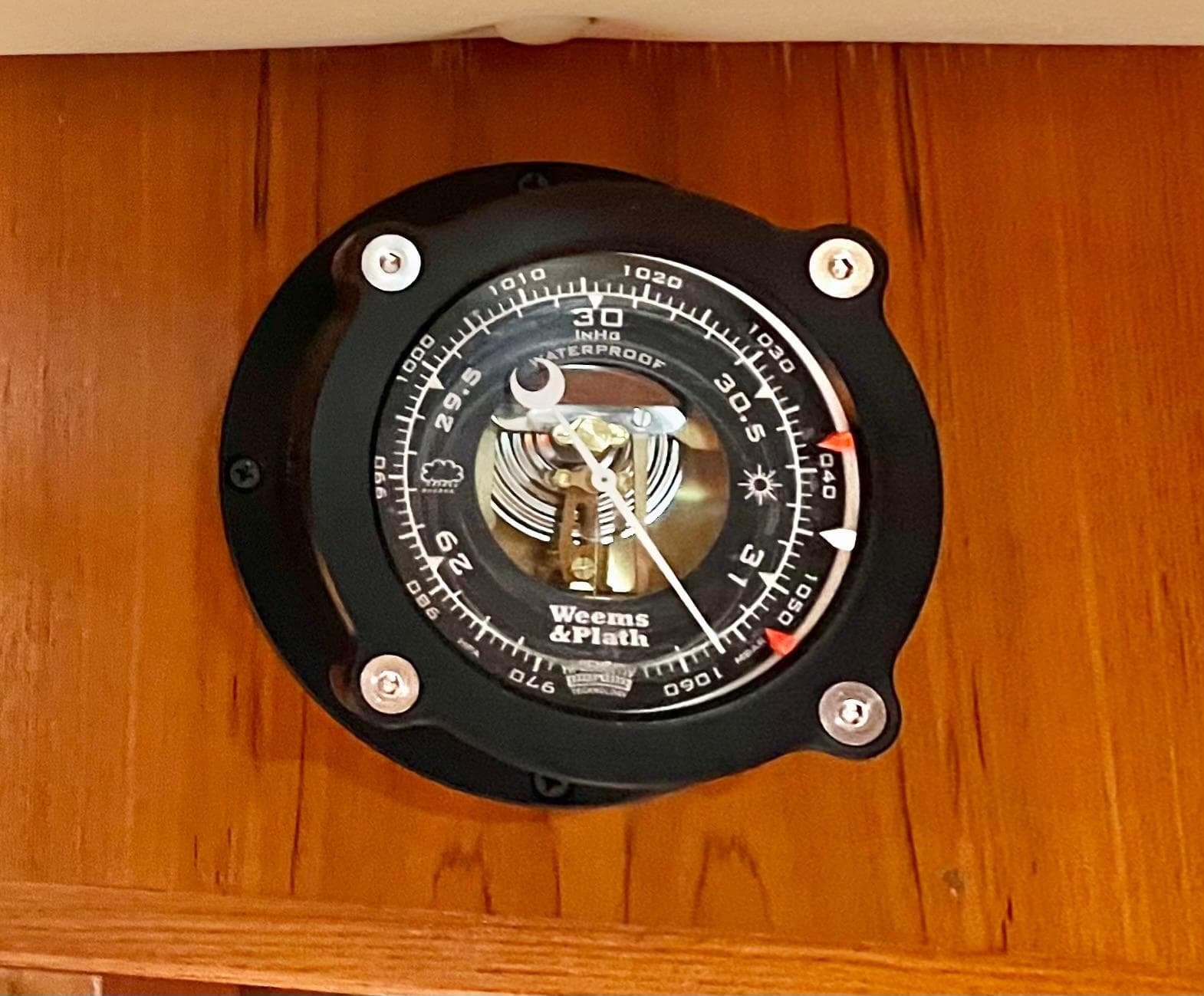 Weems & Plath barometer on 2007 Coastal Craft 36 Cruiser wooden interior.
