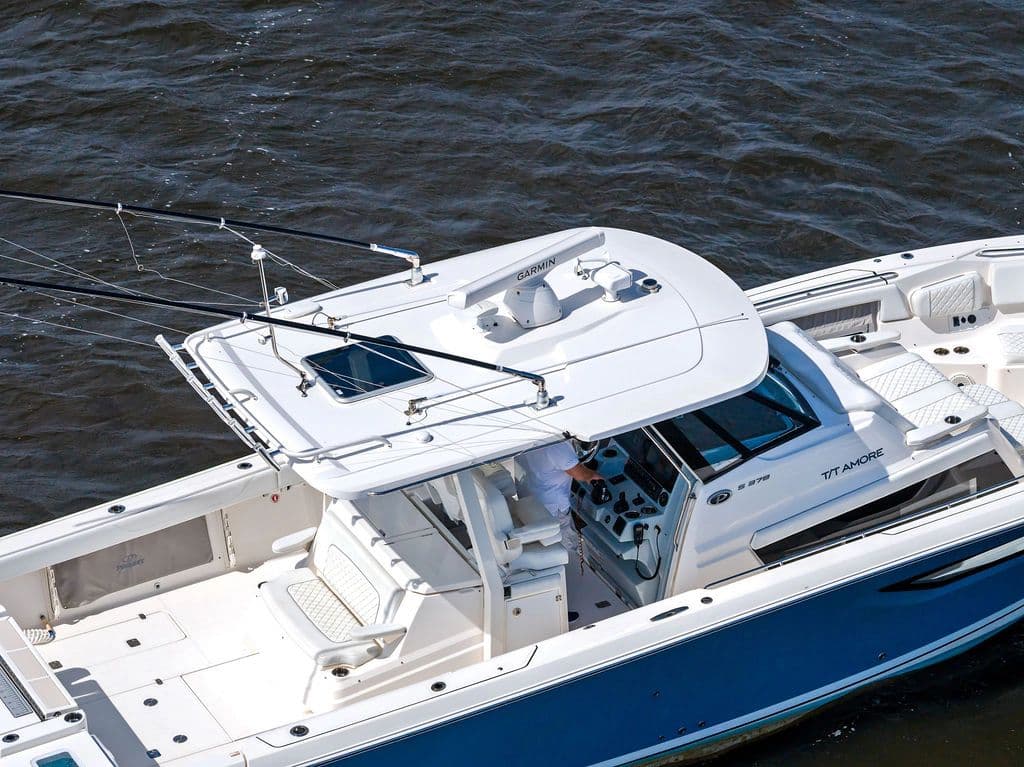 2021 Pursuit S 378 Sport boat on the water.