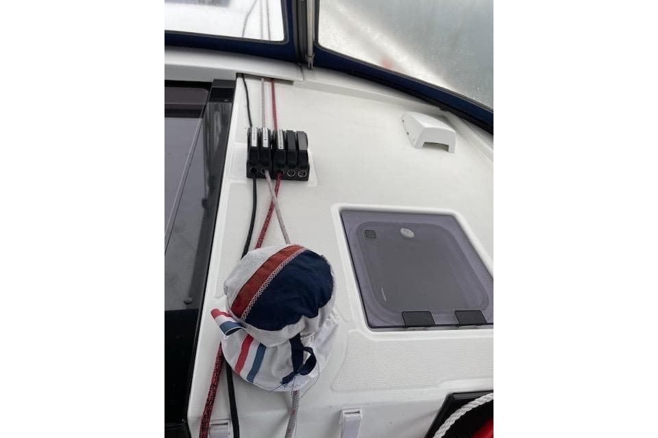 2018 Beneteau Oceanis 45 sailboat deck with ropes and hatch detail.