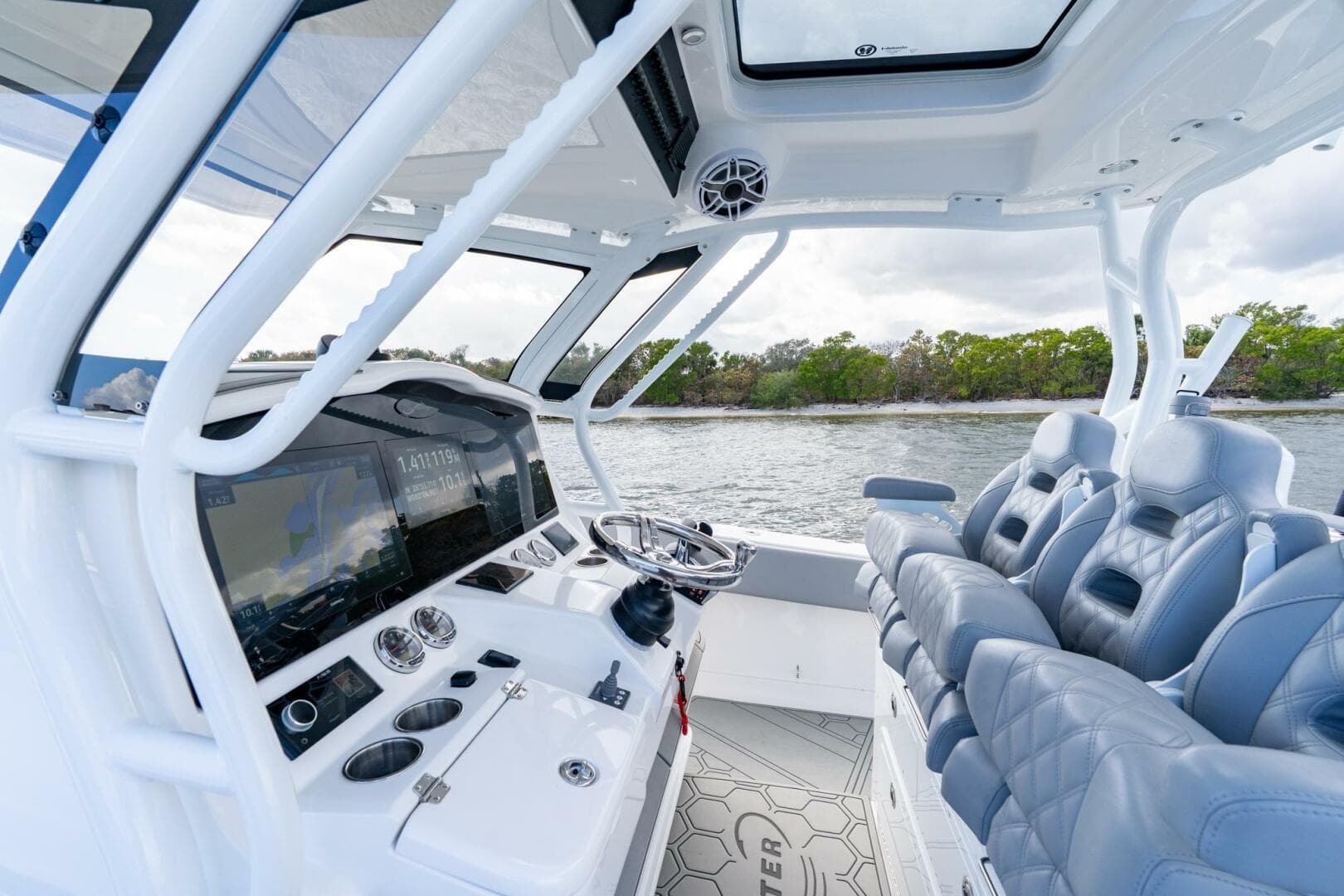 2023 Blackwater High-Performance boat interior with advanced dashboard and luxurious seating.