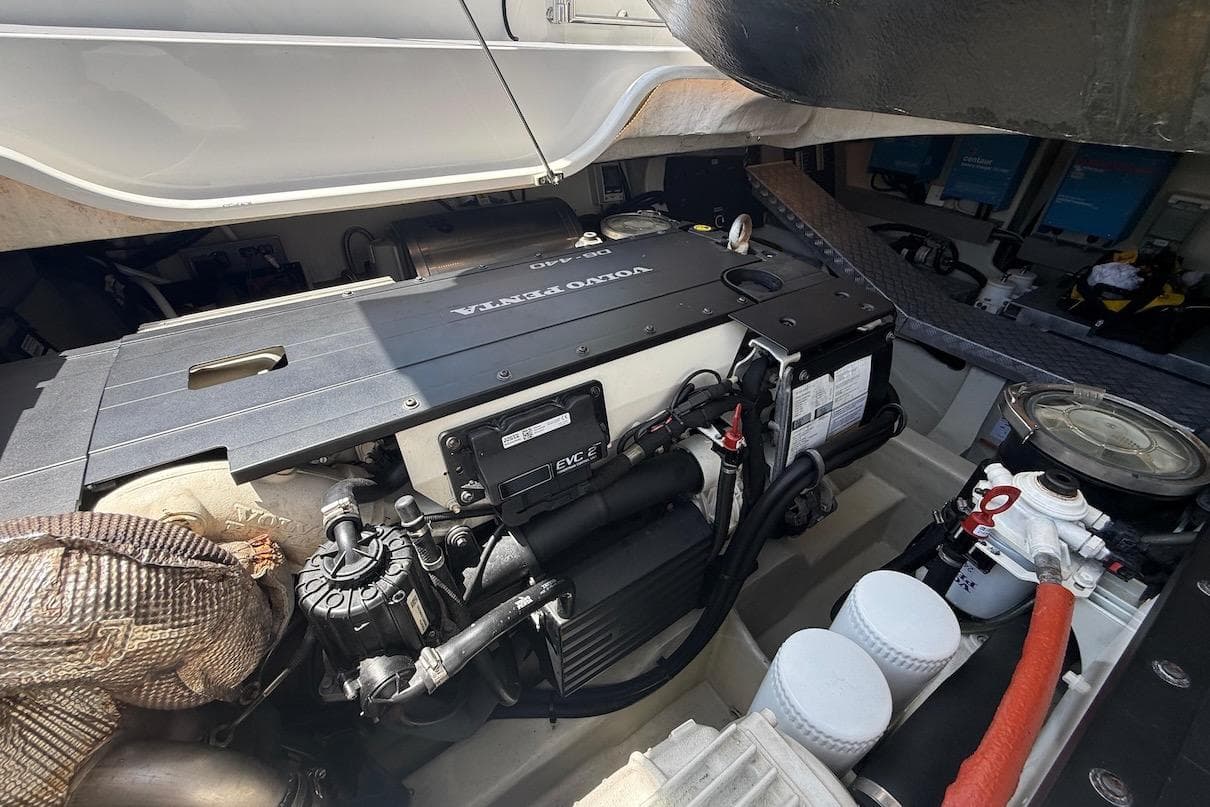 Engine compartment of a 2021 Windy SR44 SX boat featuring a Volvo Penta engine.